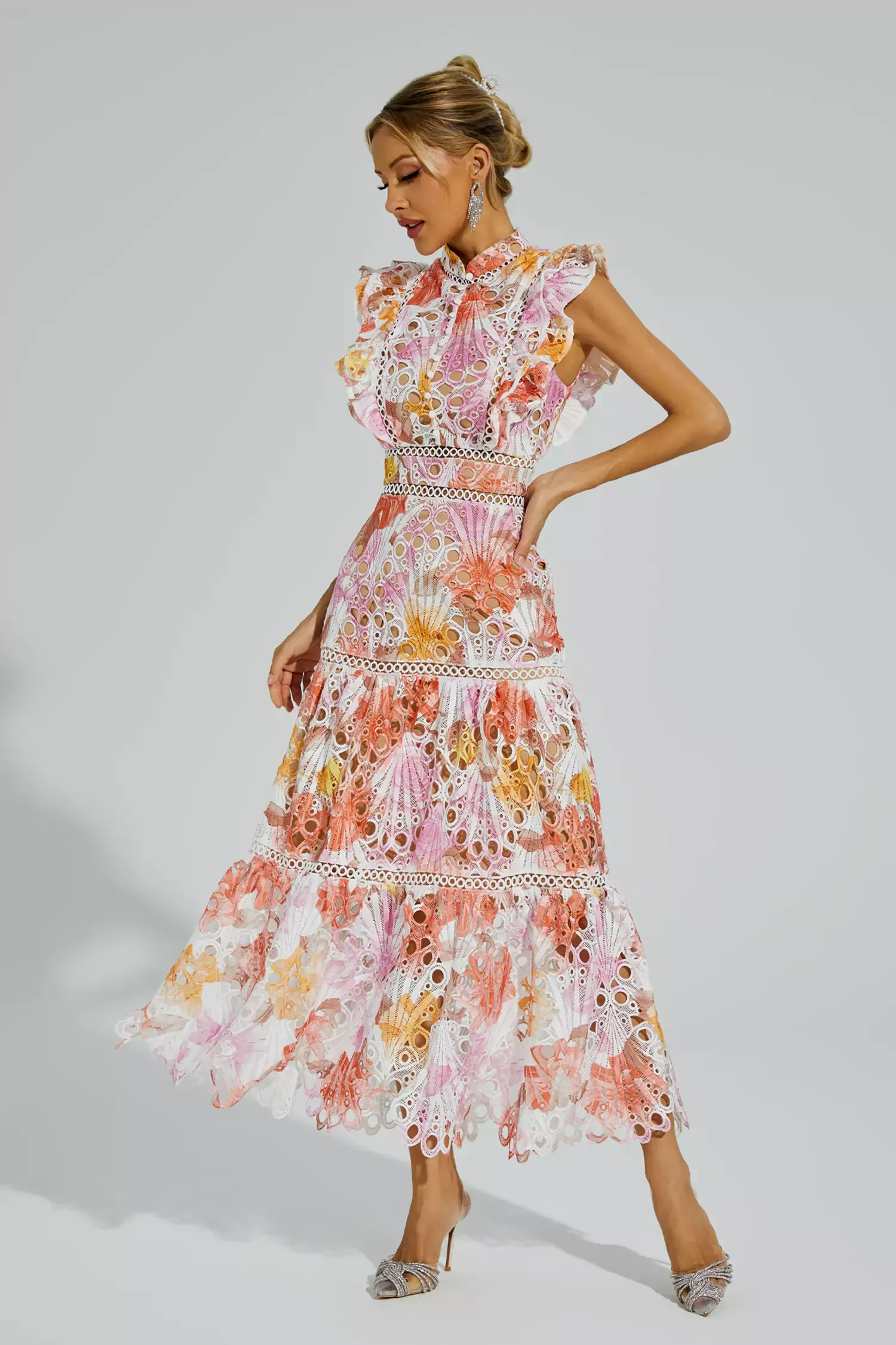 Pansy Orange Hollow Sleeveless Midi Dress