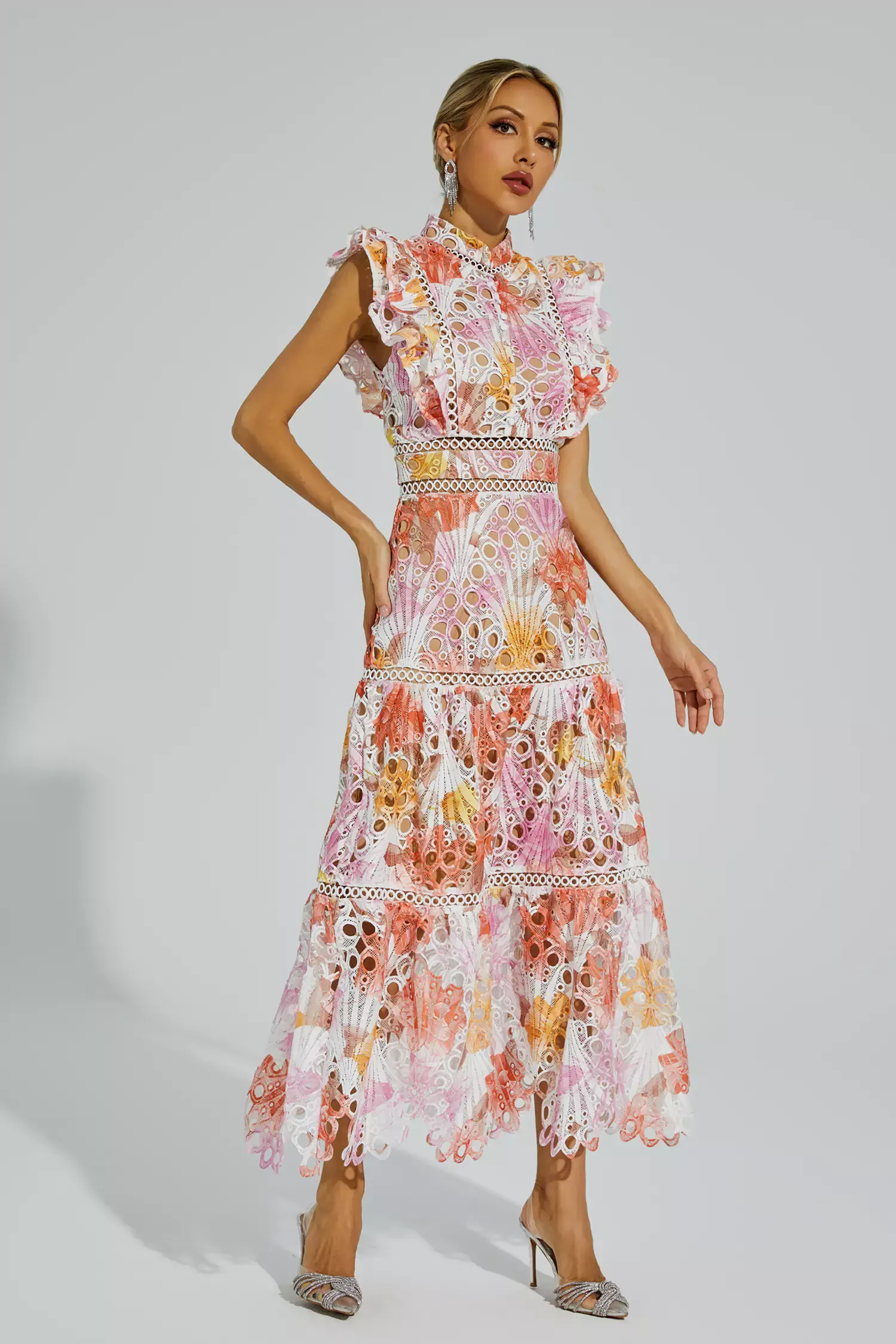 Pansy Orange Hollow Sleeveless Midi Dress