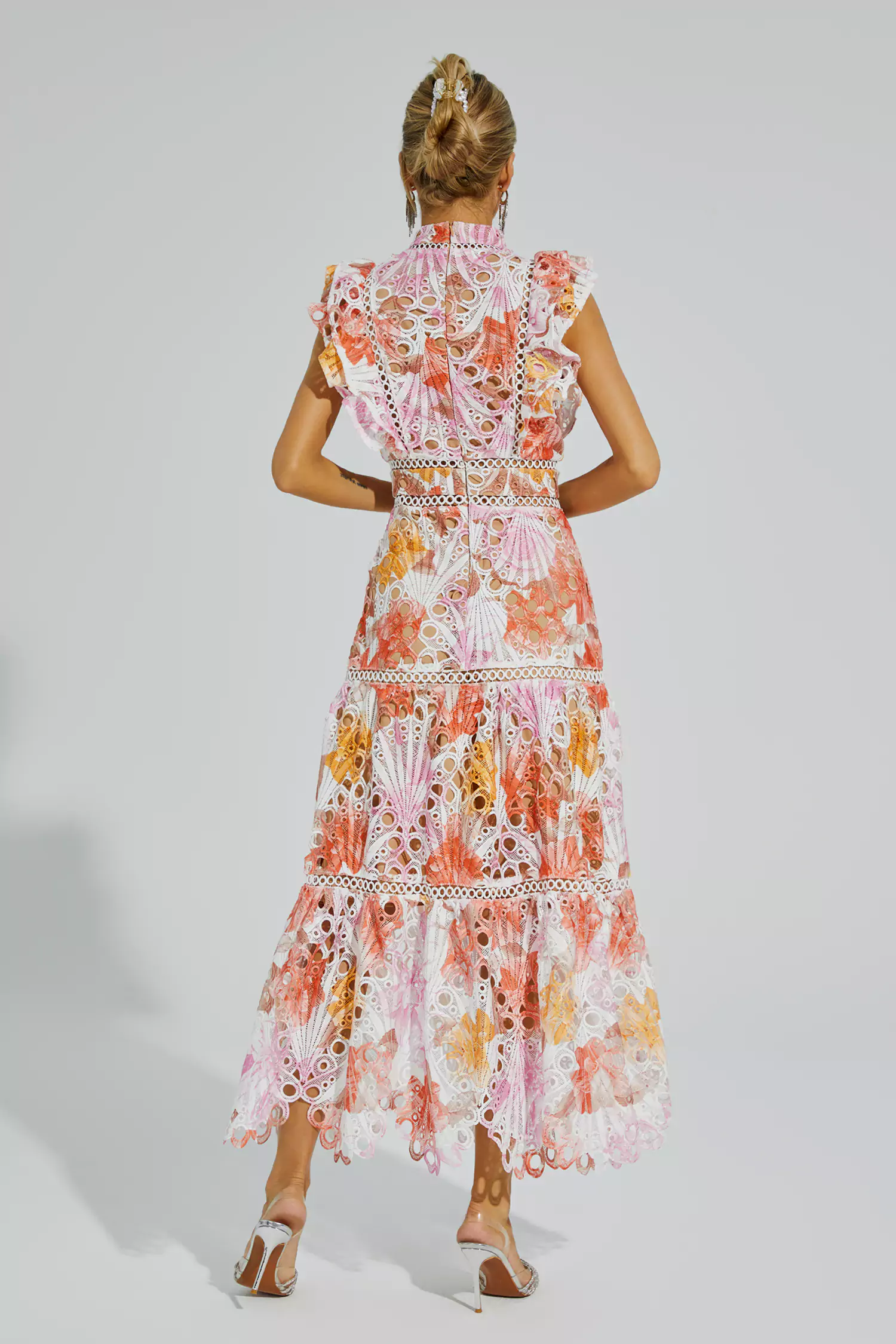 Pansy Orange Hollow Sleeveless Midi Dress