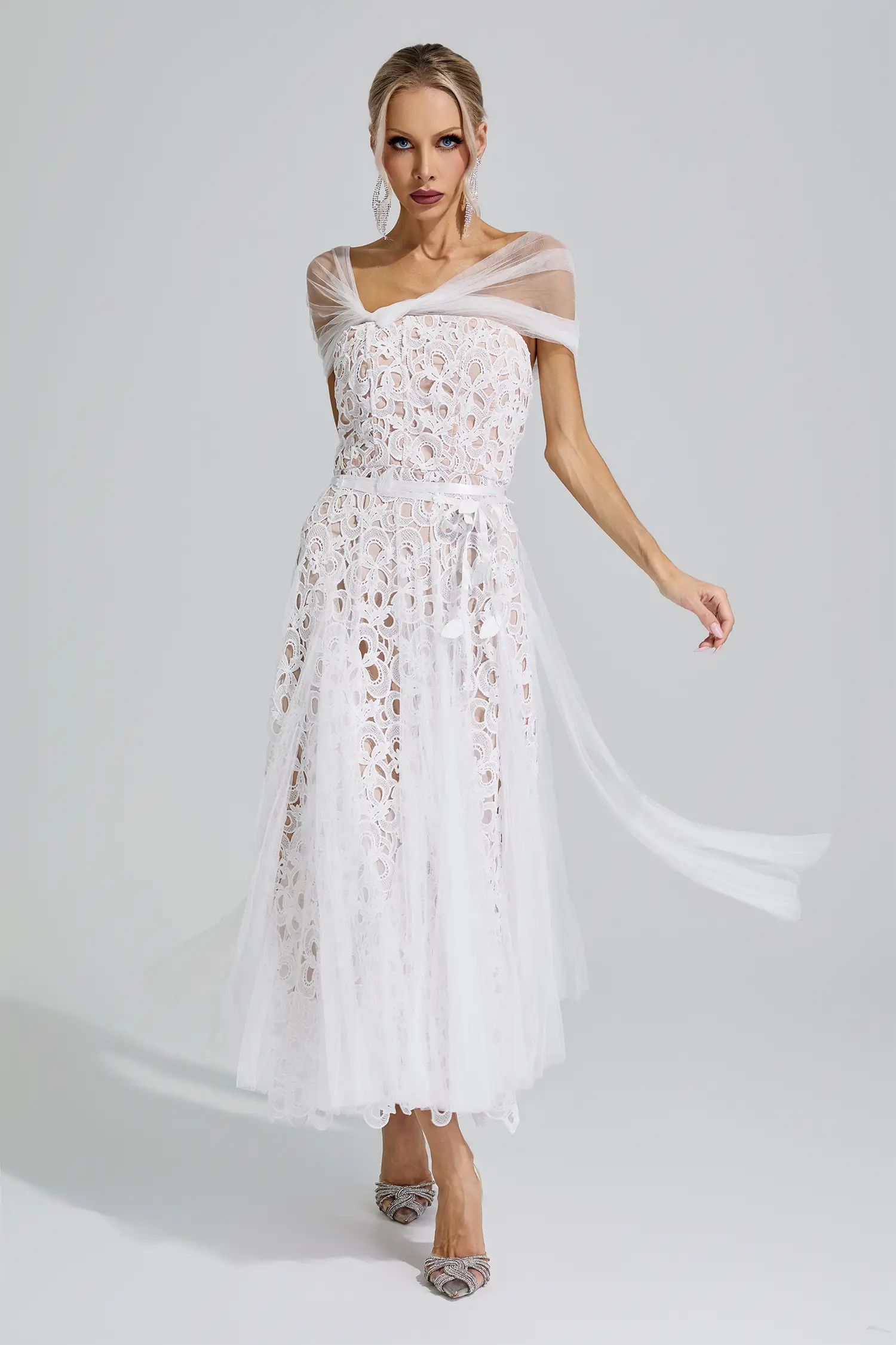 Sekhmet White Lace Mesh Fairy Midi Dress