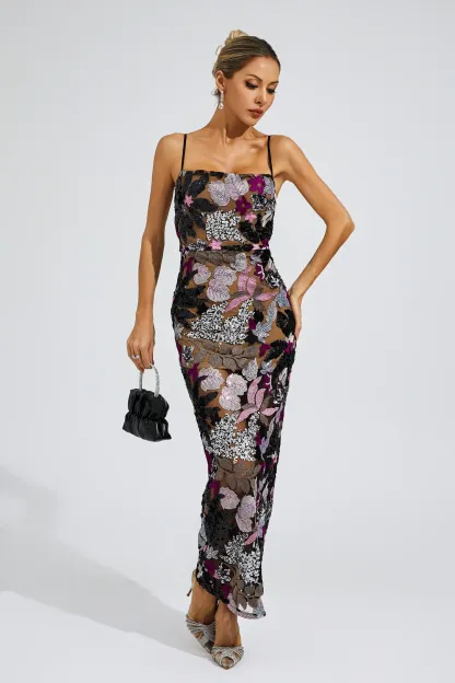 Dwight Black Sequins Embroidered Dress