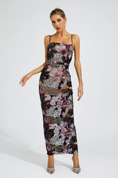 Dwight Black Sequins Embroidered Dress