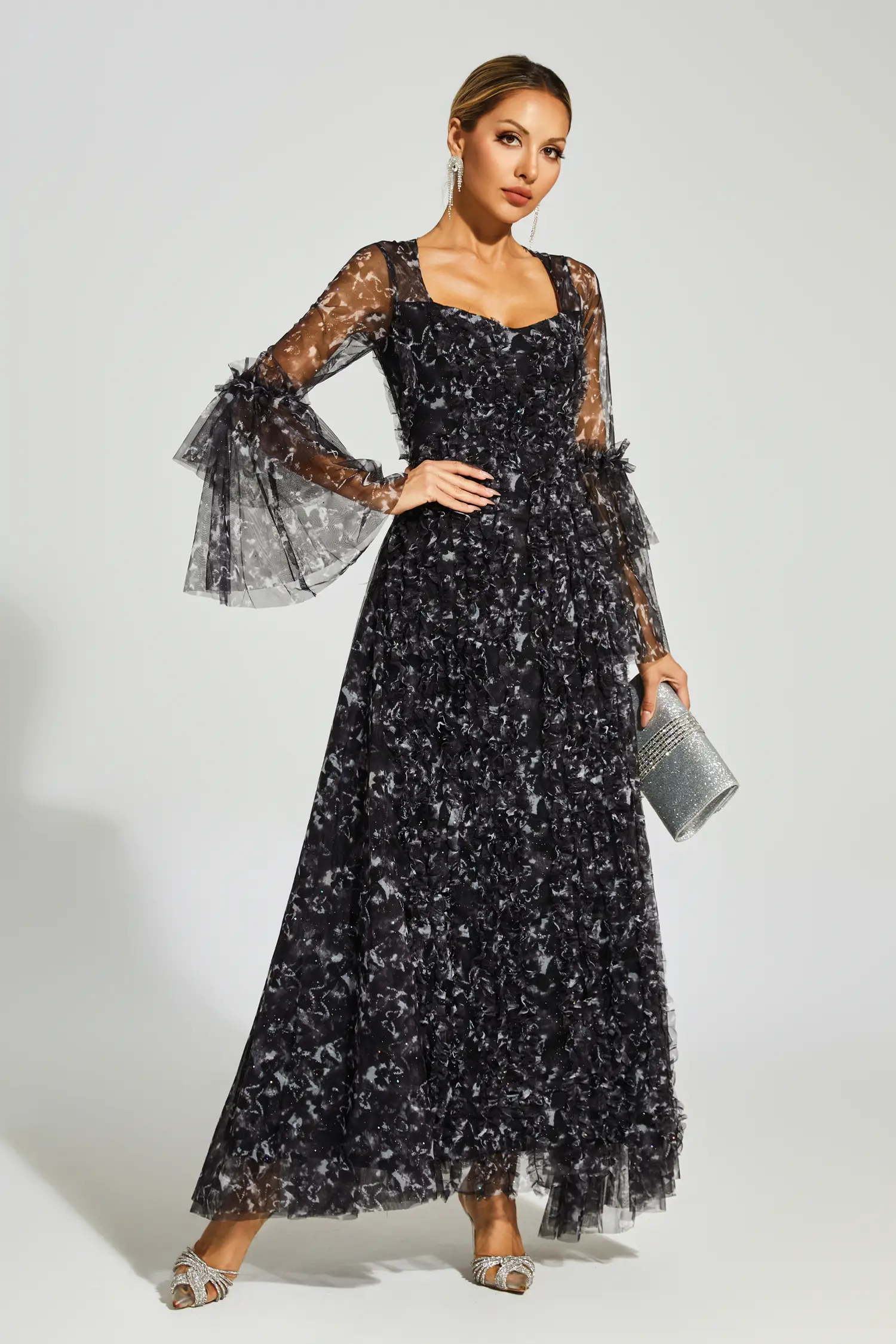Orville Black Mesh Floral Maxi Dress