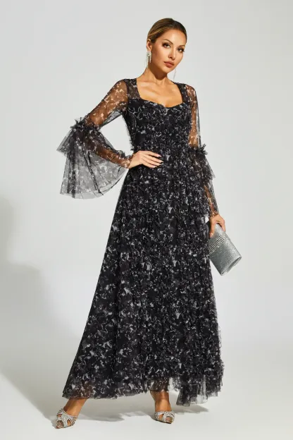Orville Black Mesh Floral Maxi Dress