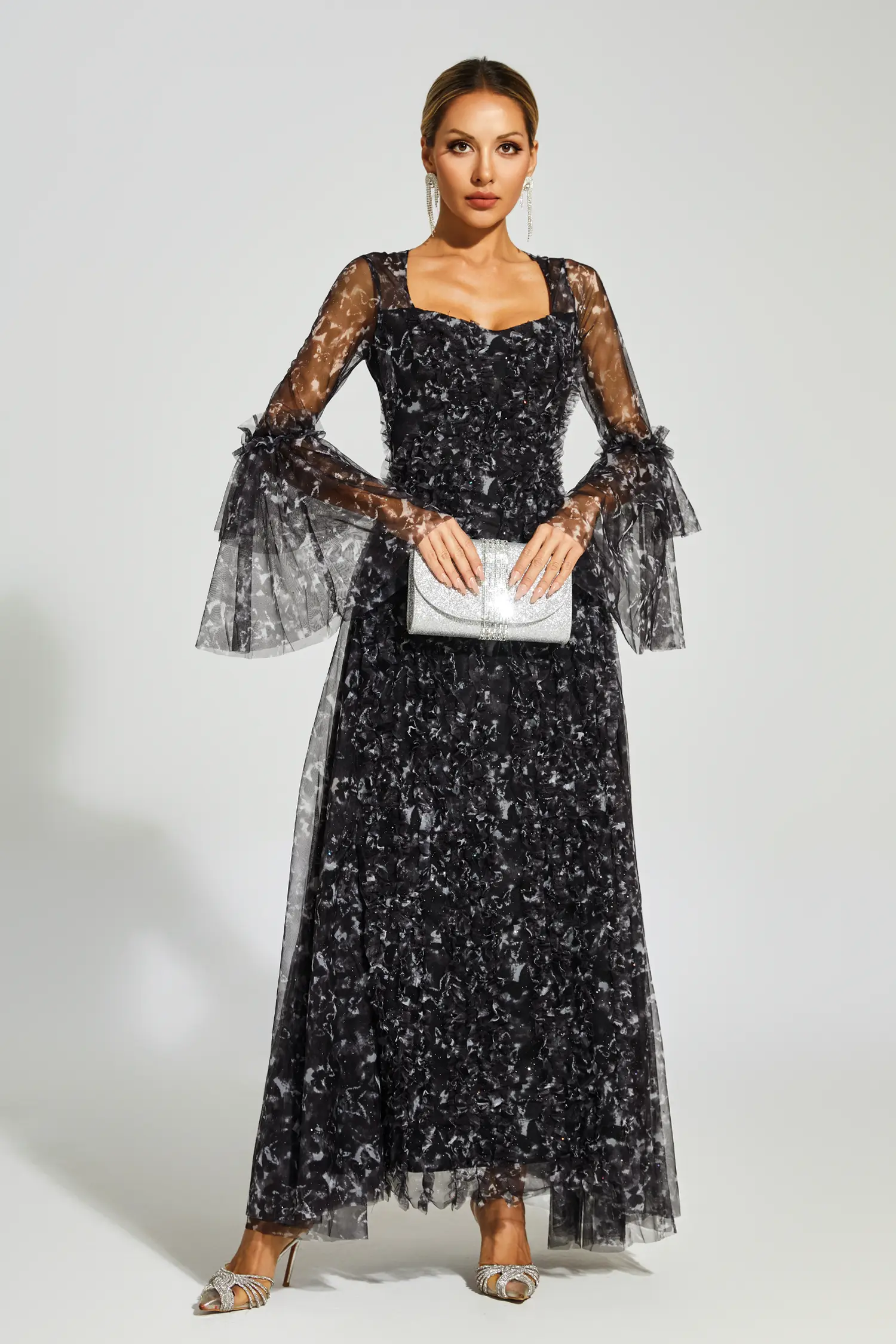 Orville Black Mesh Floral Maxi Dress
