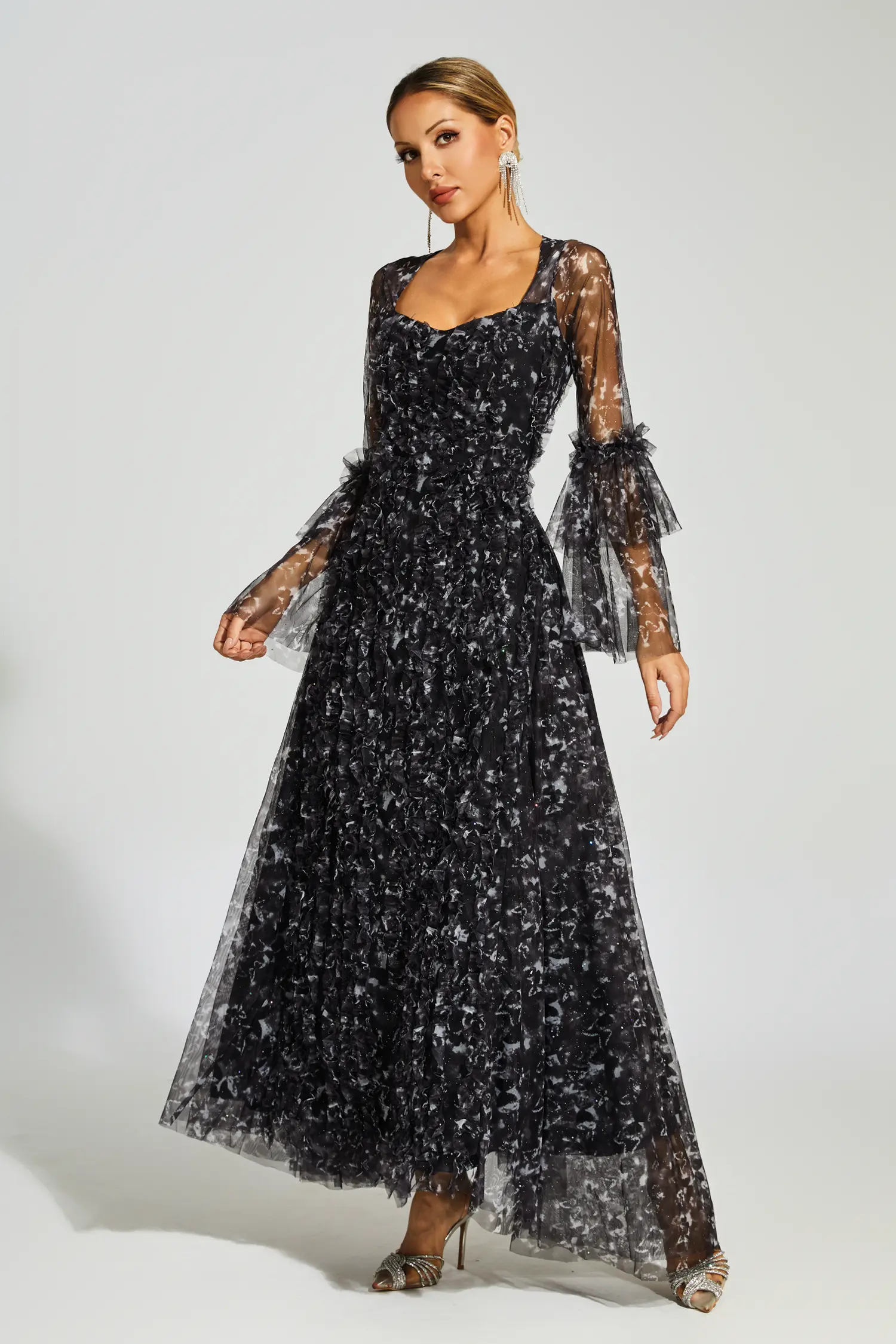 Orville Black Mesh Floral Maxi Dress