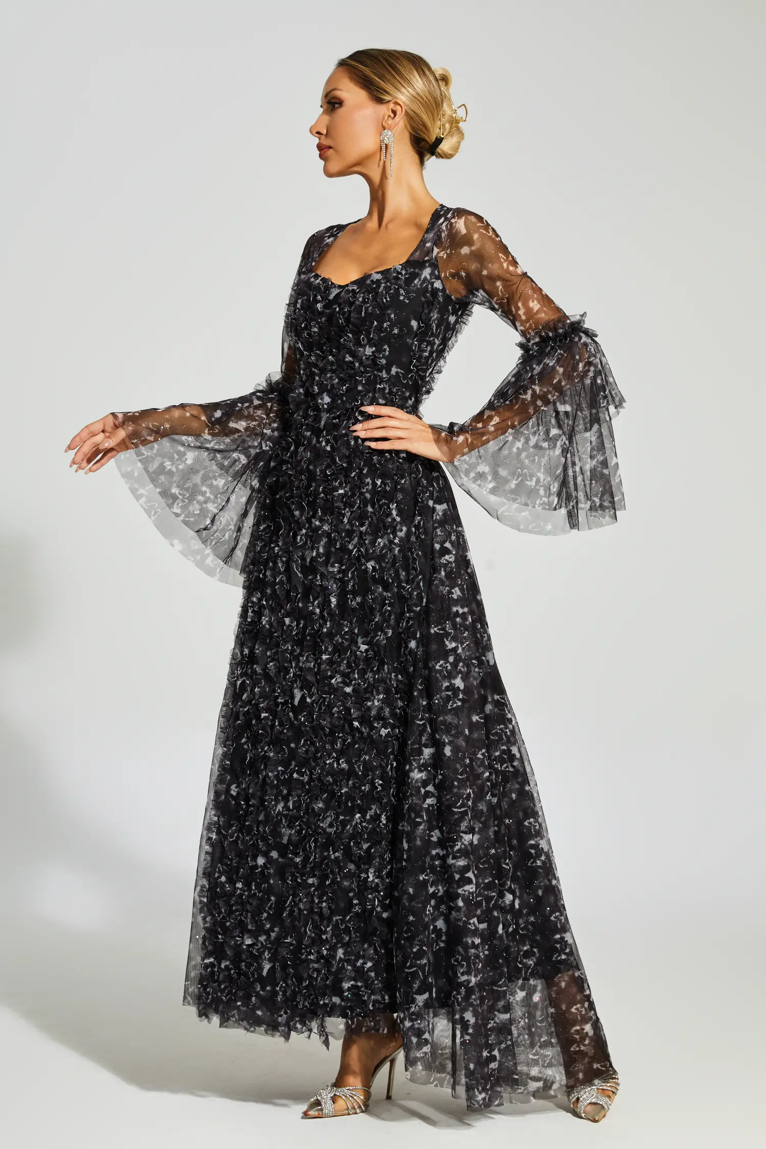 Orville Black Mesh Floral Maxi Dress