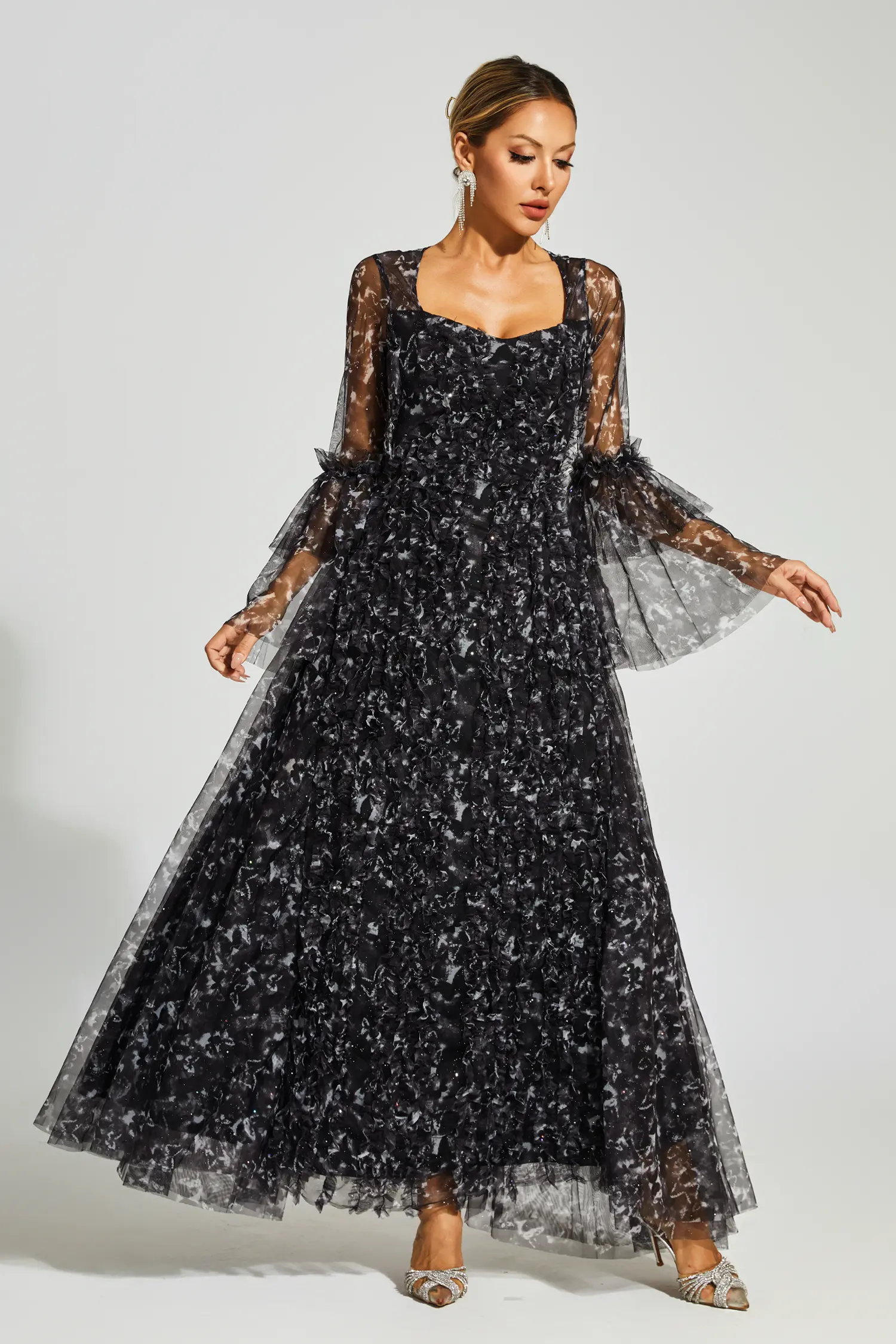 Orville Black Mesh Floral Maxi Dress