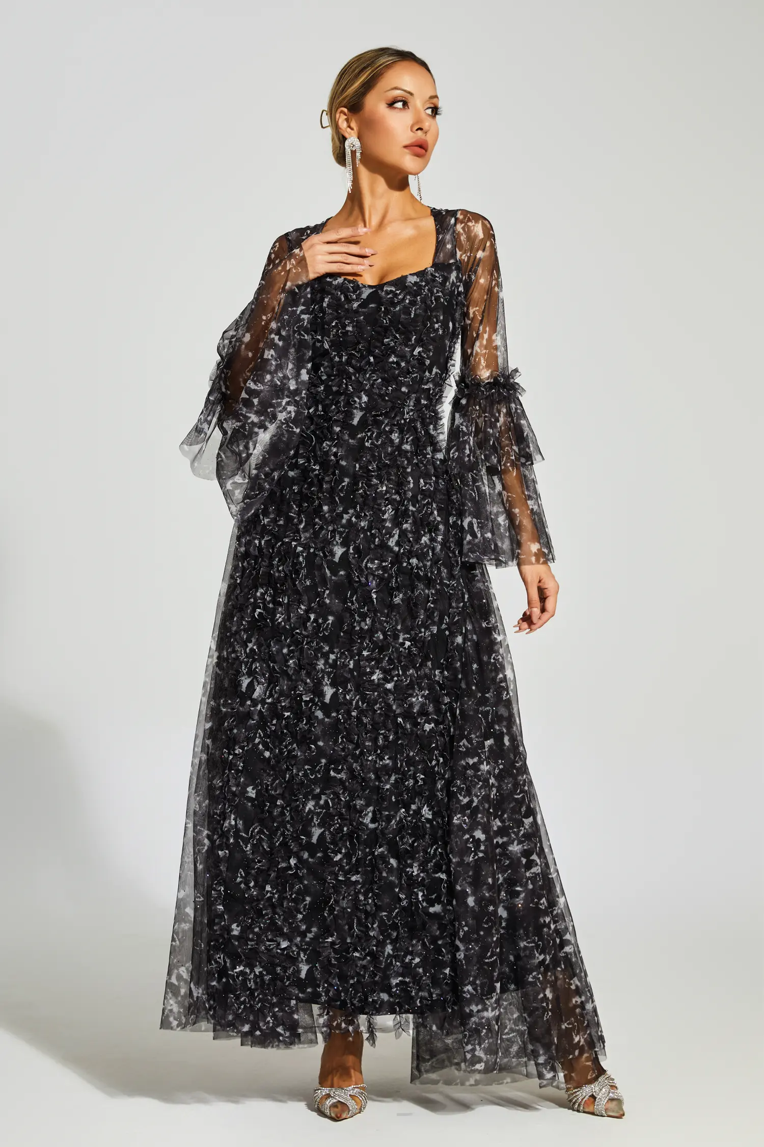 Orville Black Mesh Floral Maxi Dress