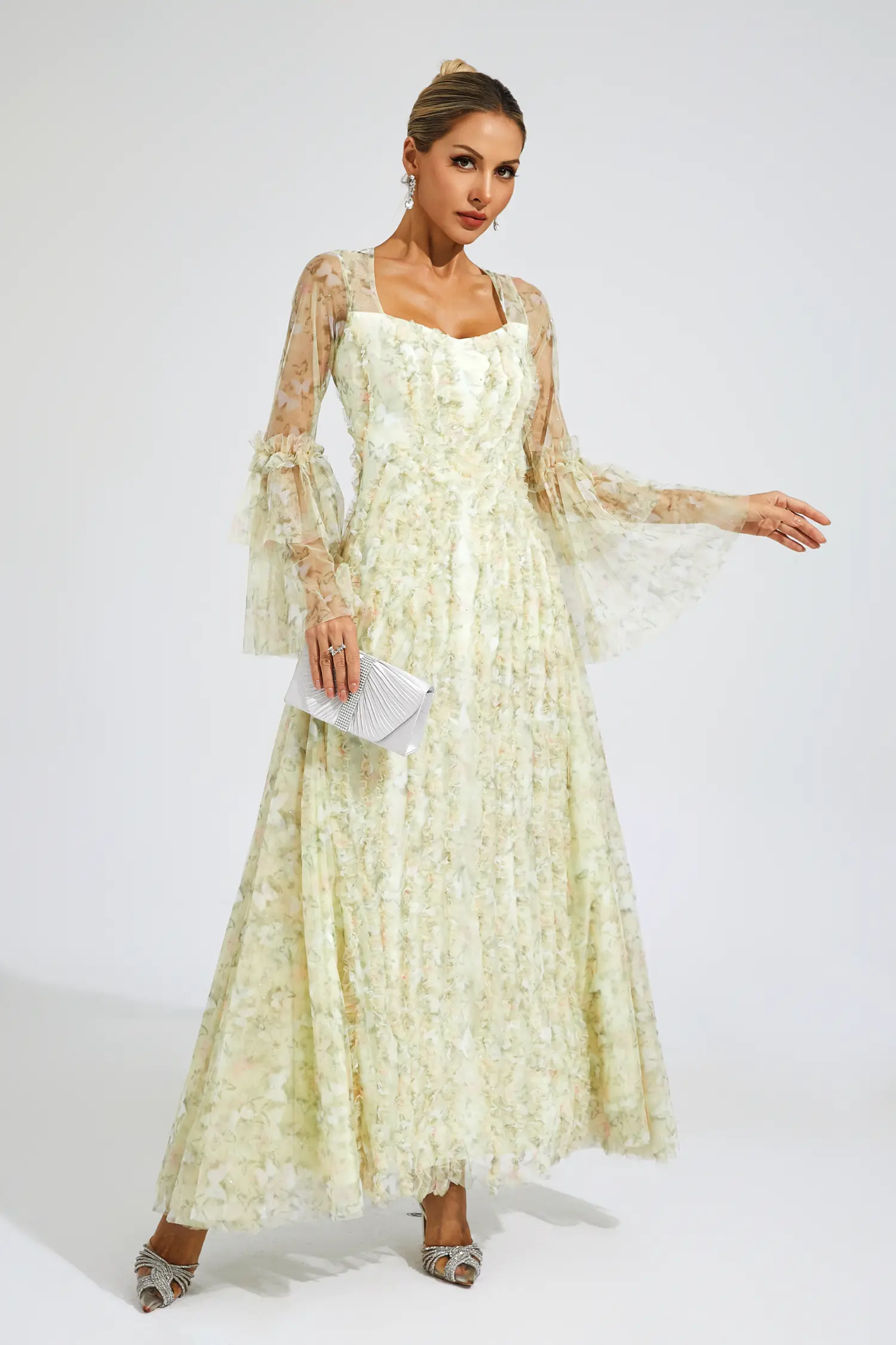 Orville Yellow Mesh Floral Maxi Dress