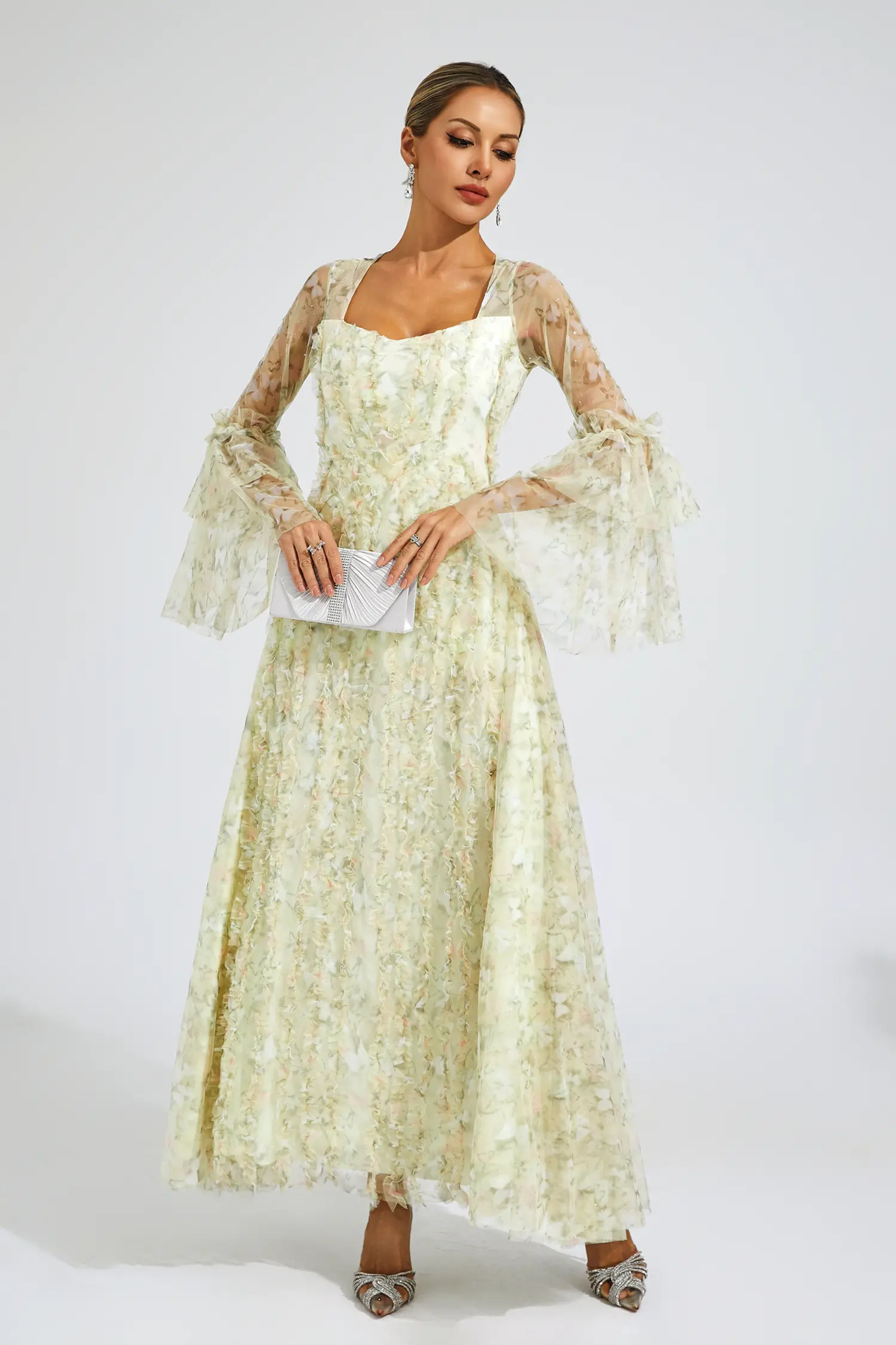 Orville Yellow Mesh Floral Maxi Dress