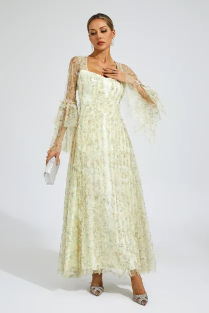 Orville Yellow Mesh Floral Maxi Dress