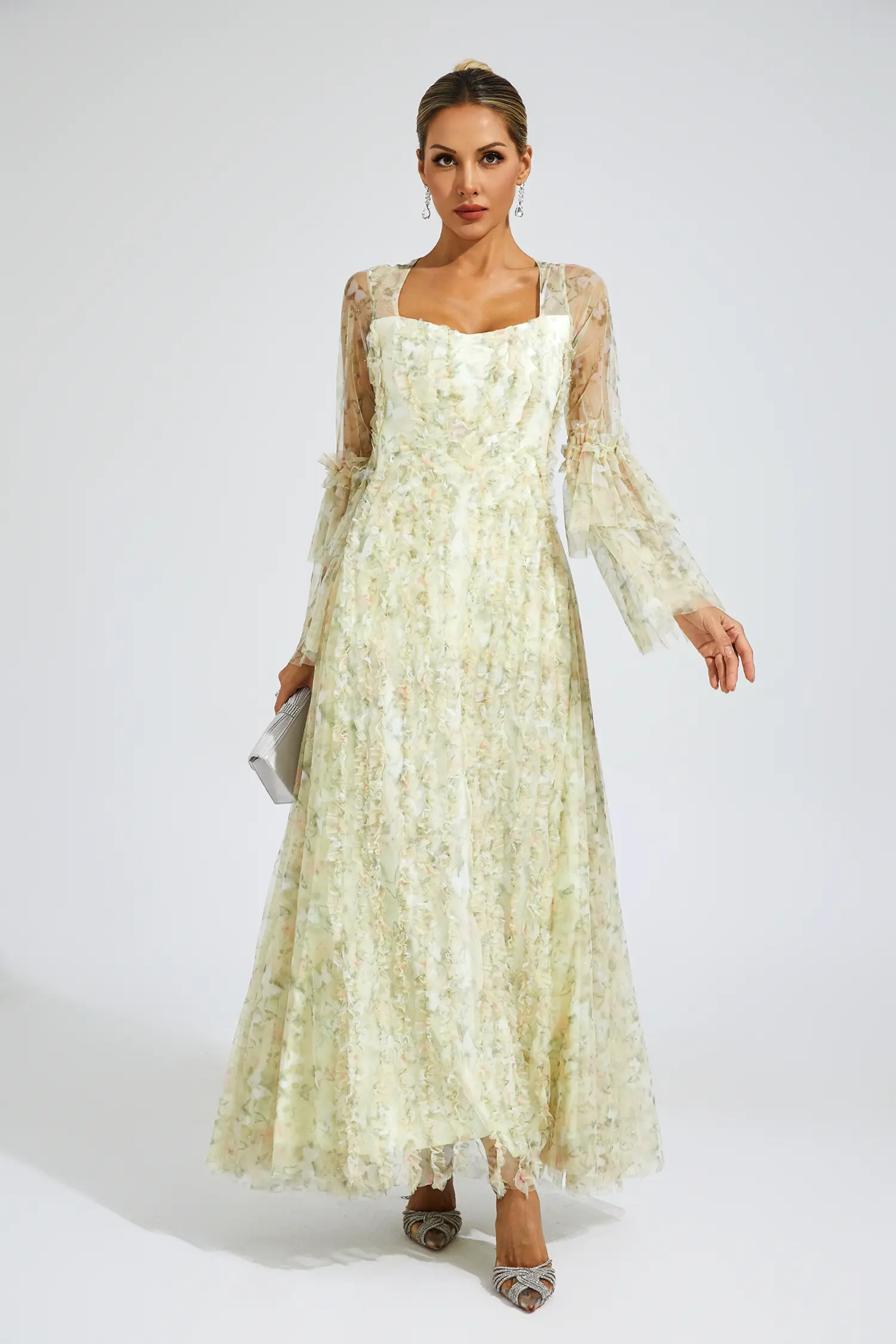 Orville Yellow Mesh Floral Maxi Dress