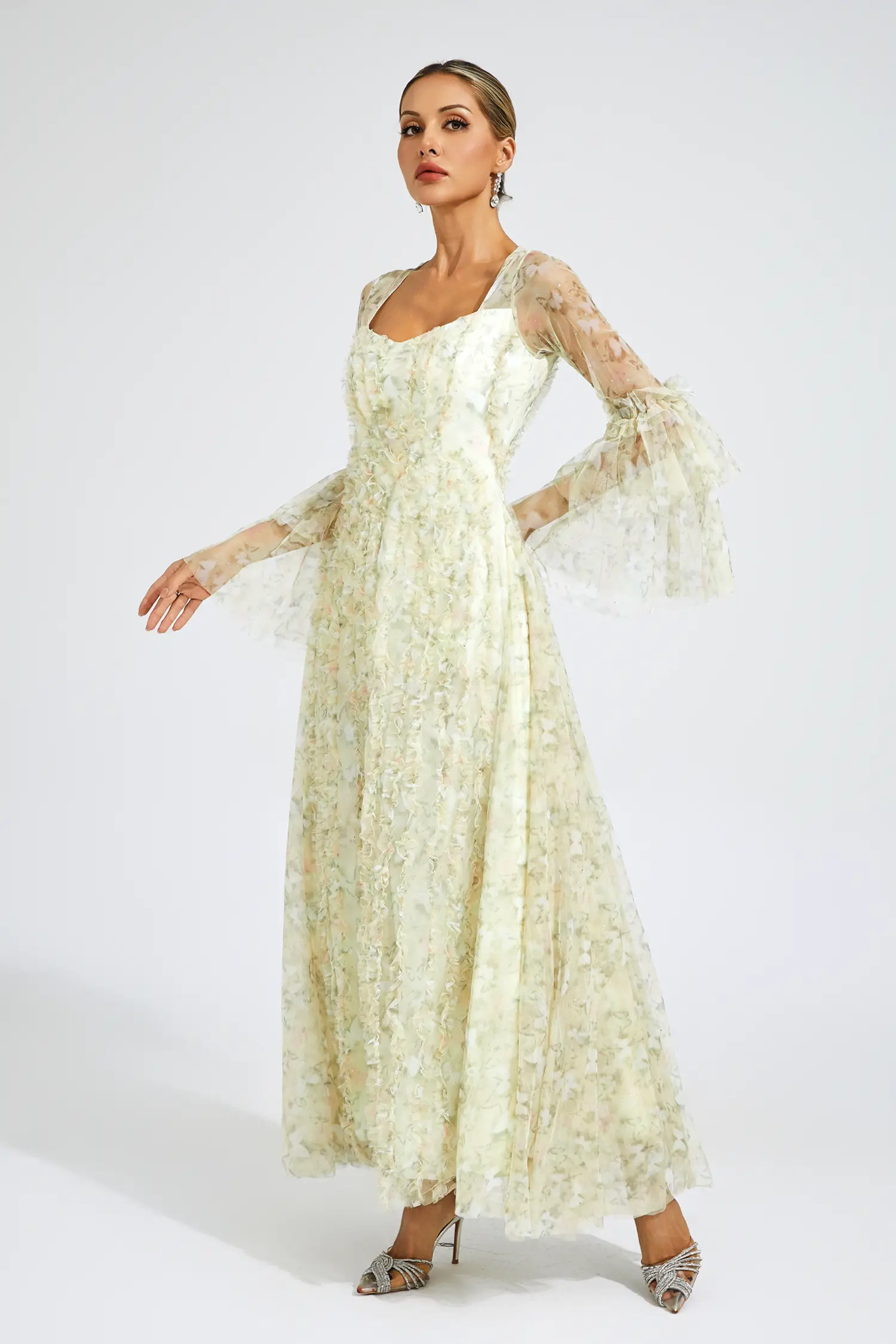 Orville Yellow Mesh Floral Maxi Dress