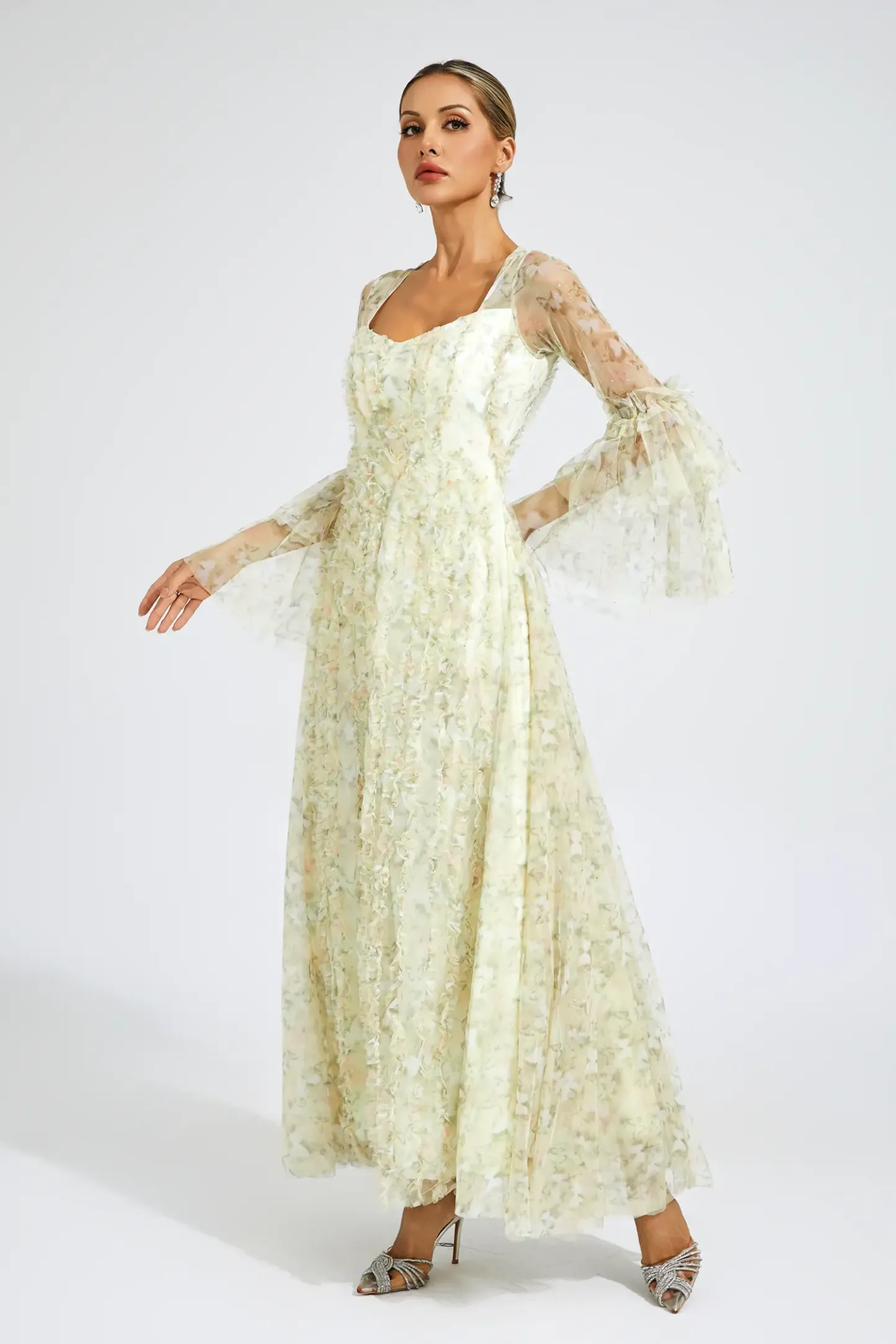 Orville Yellow Mesh Floral Maxi Dress