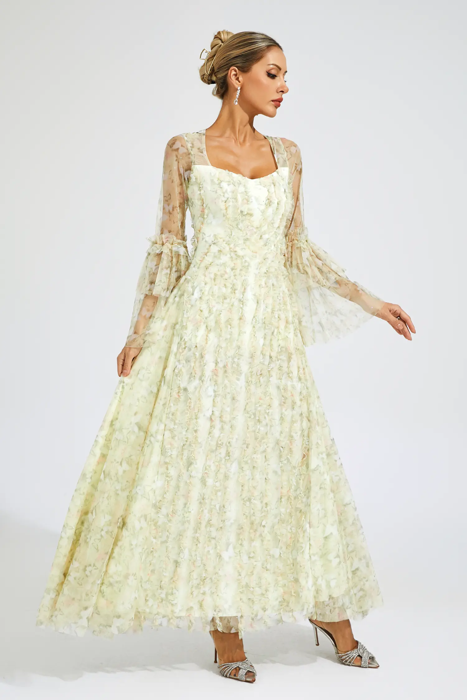 Orville Yellow Mesh Floral Maxi Dress