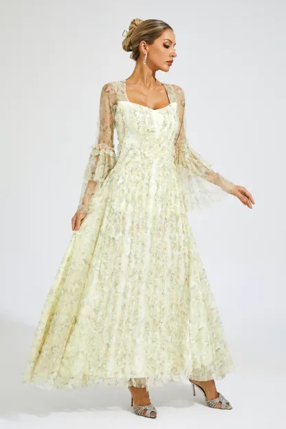 Orville Yellow Mesh Floral Maxi Dress