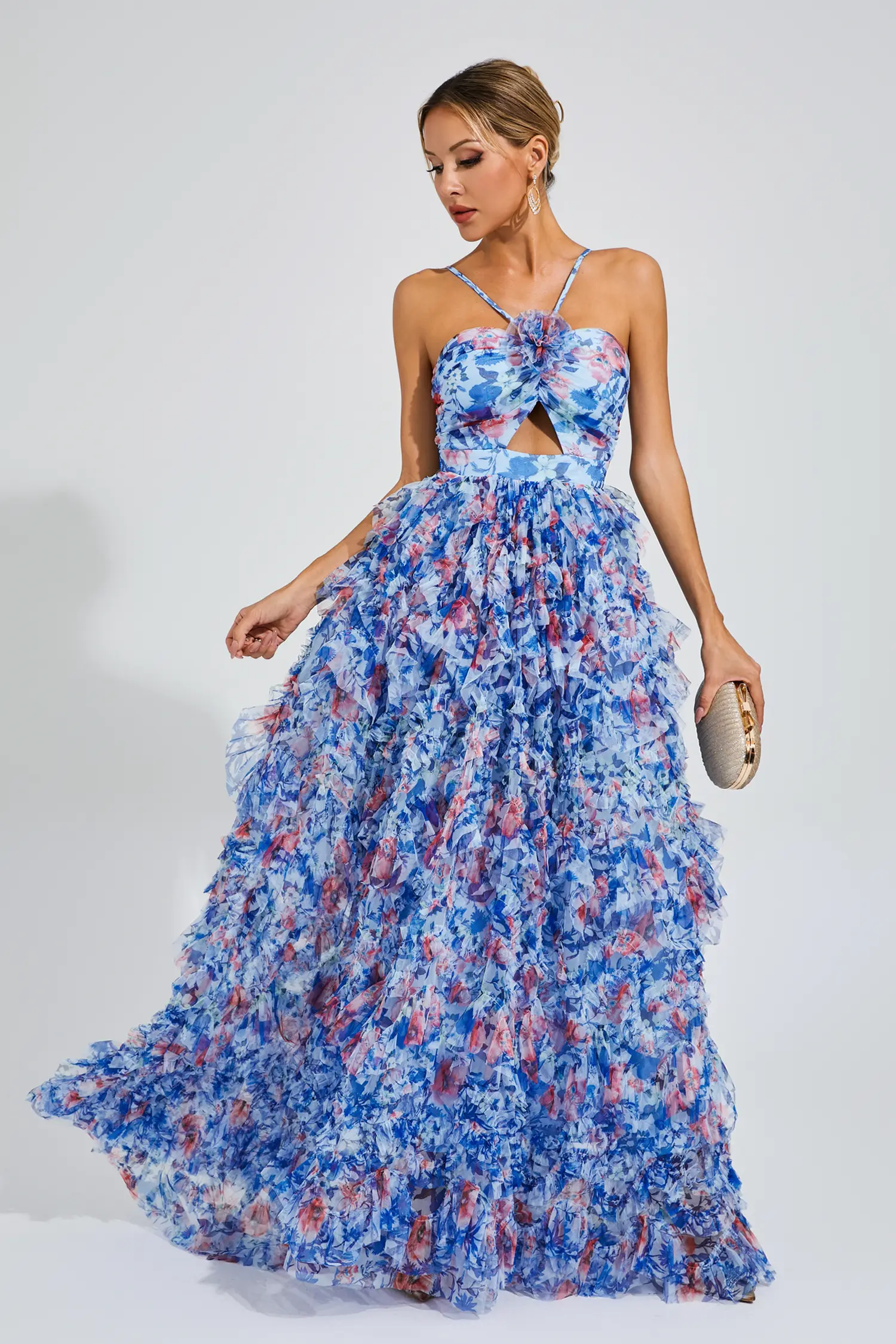 Lucius Blue Ruched Floral Halter Dress