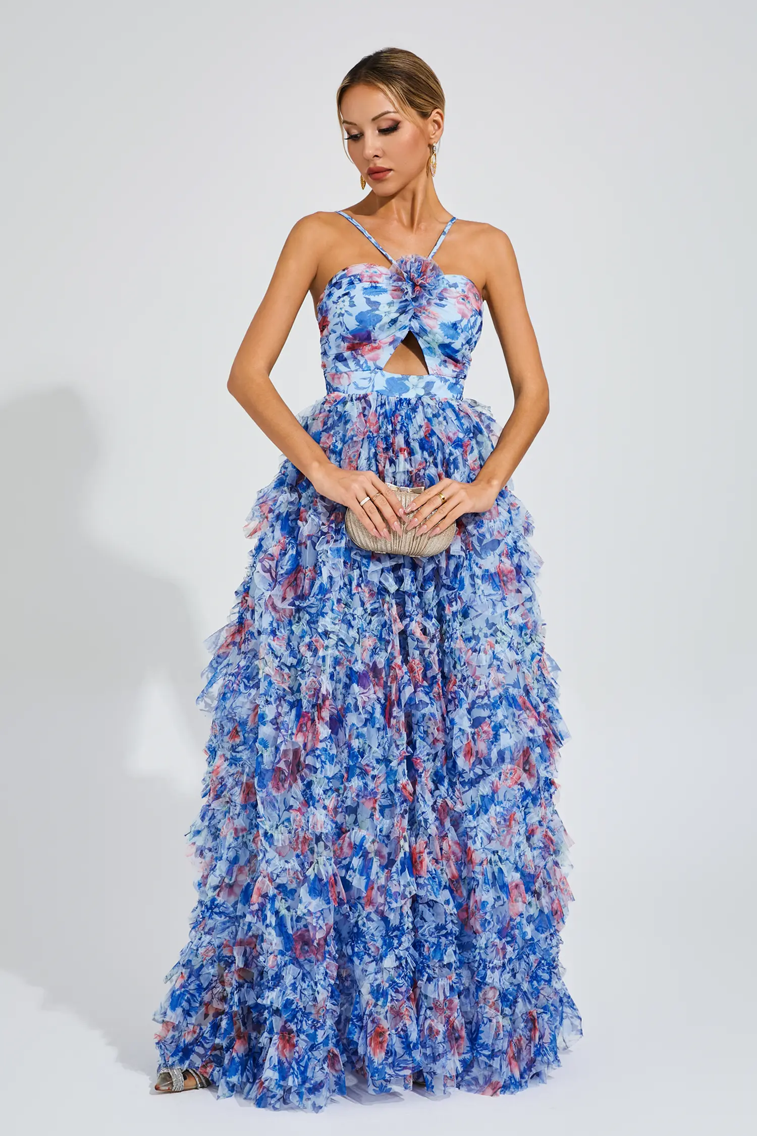 Lucius Blue Ruched Floral Halter Dress