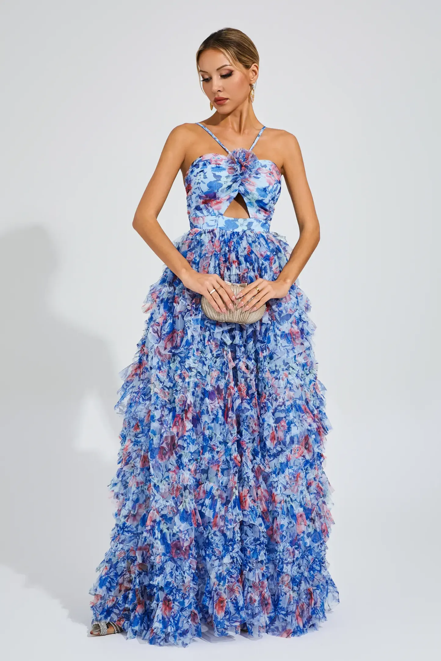 Lucius Blue Ruched Floral Halter Dress