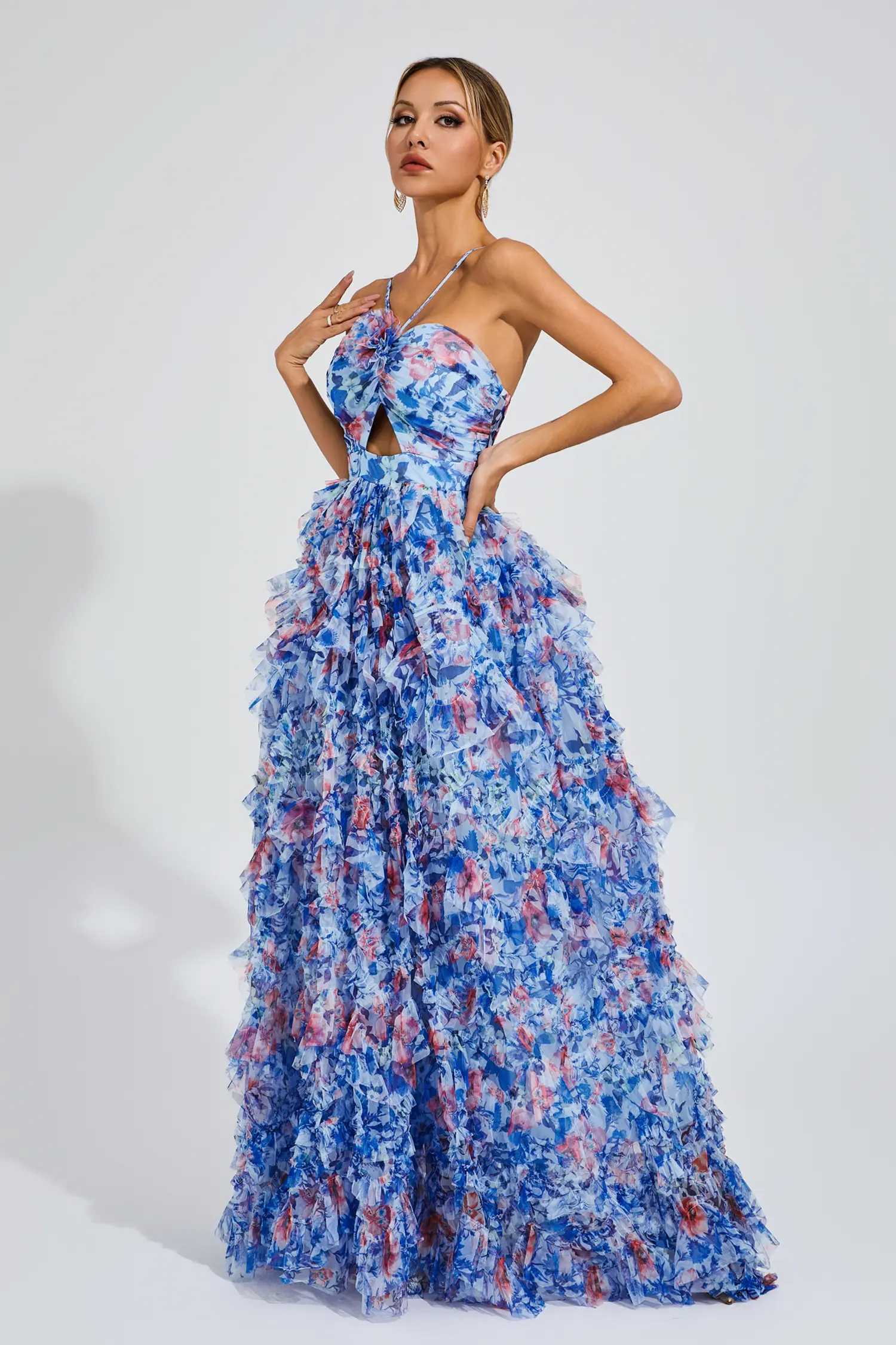 Lucius Blue Ruched Floral Halter Dress