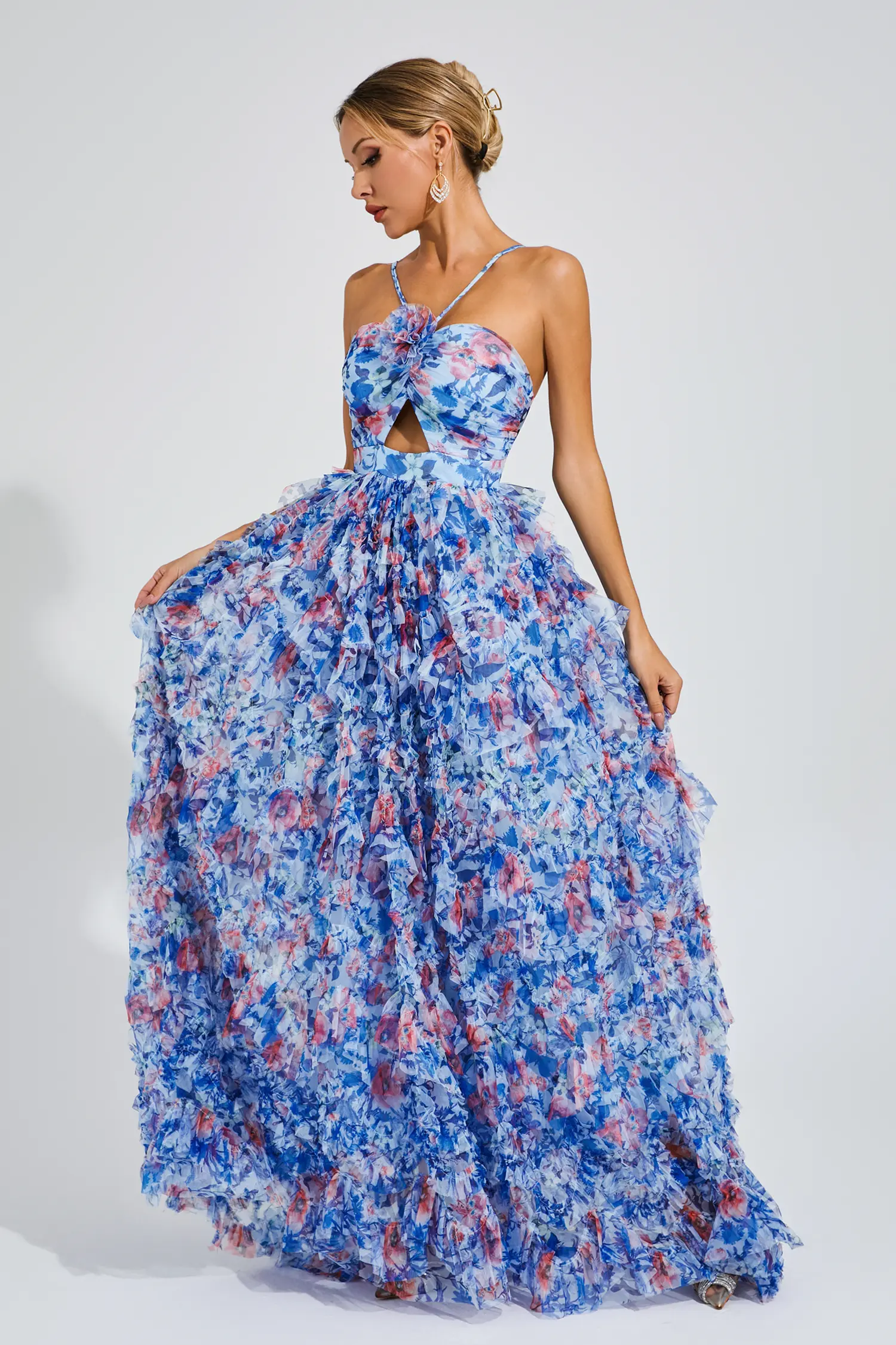 Lucius Blue Ruched Floral Halter Dress