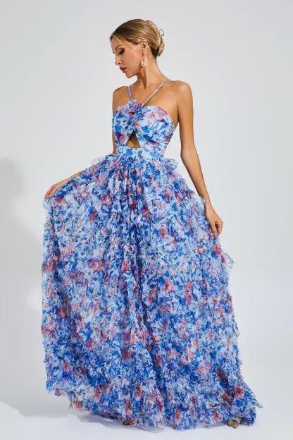 Lucius Blue Ruched Floral Halter Dress