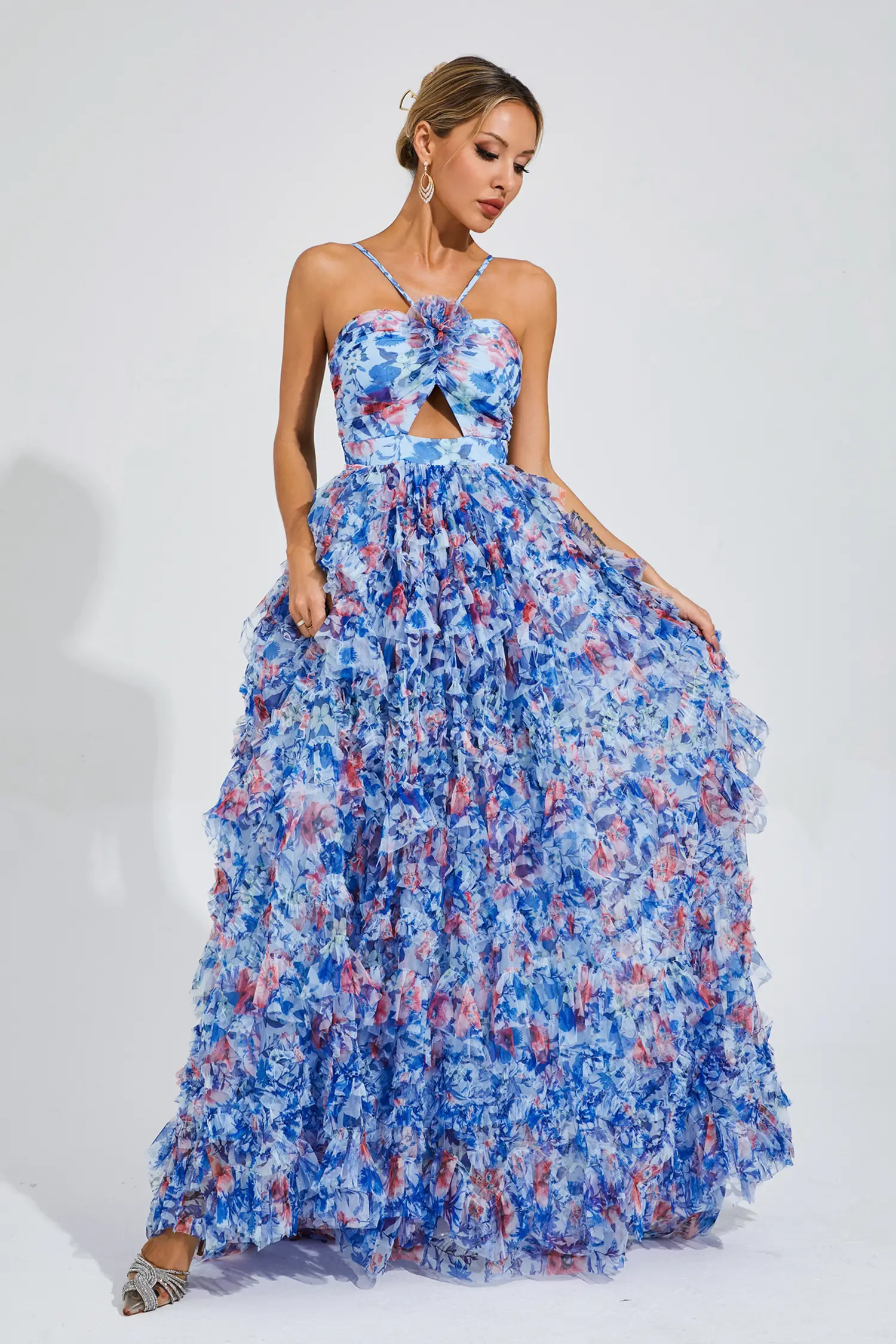 Lucius Blue Ruched Floral Halter Dress