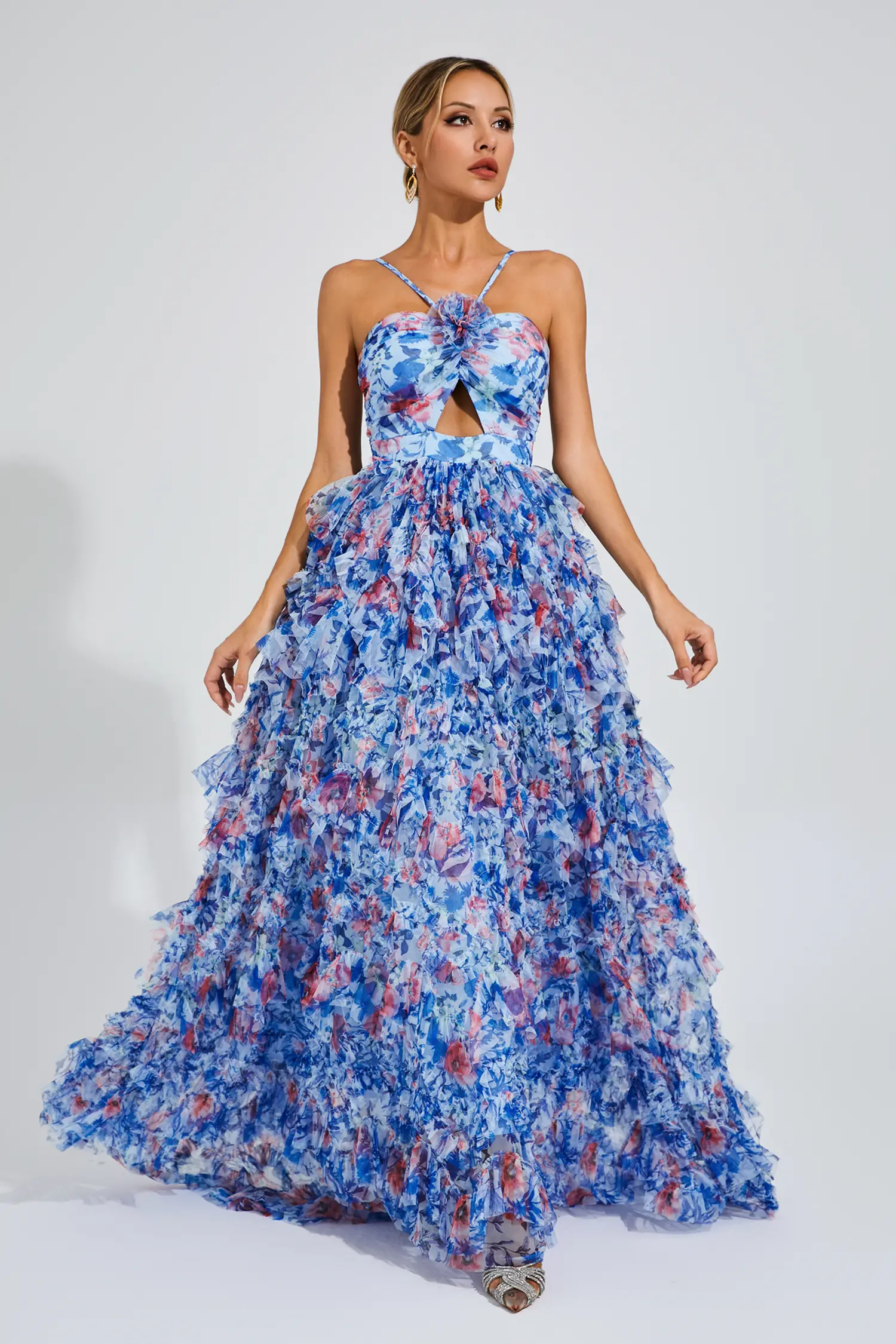 Lucius Blue Ruched Floral Halter Dress