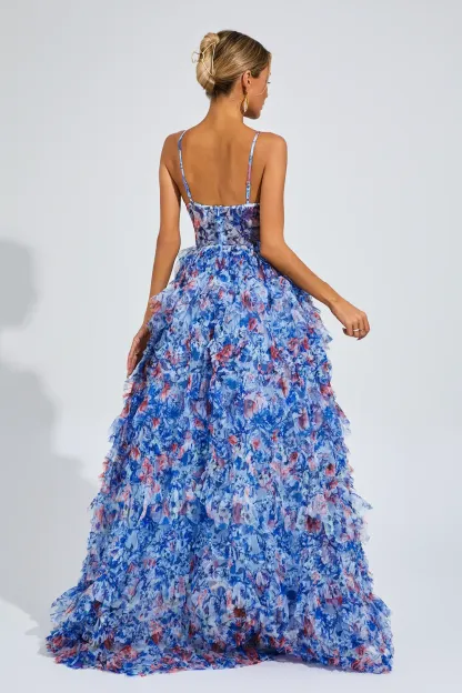 Lucius Blue Ruched Floral Halter Dress