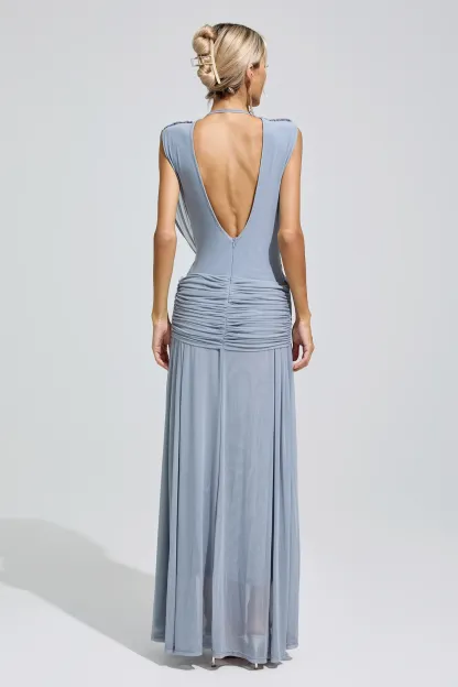 Lamar Blue Pleated Knit Maxi Dress