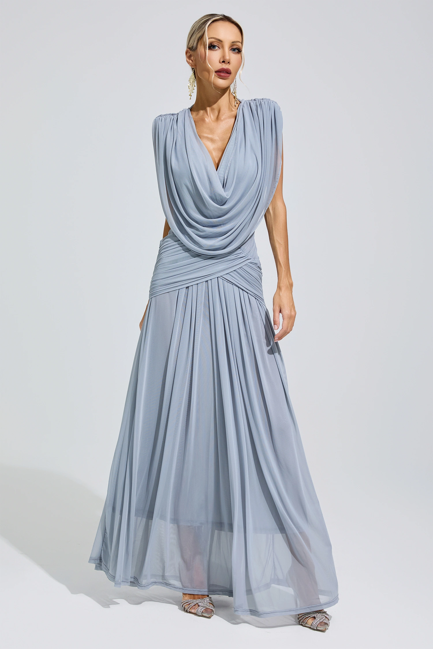 Lamar Blue Pleated Knit Maxi Dress