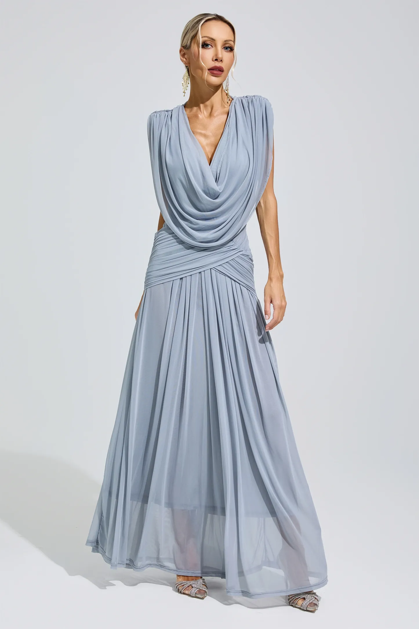 Lamar Blue Pleated Knit Maxi Dress