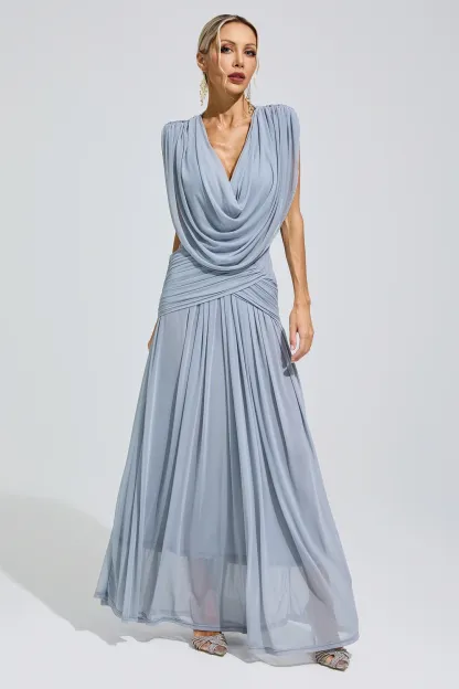 Lamar Blue Pleated Knit Maxi Dress