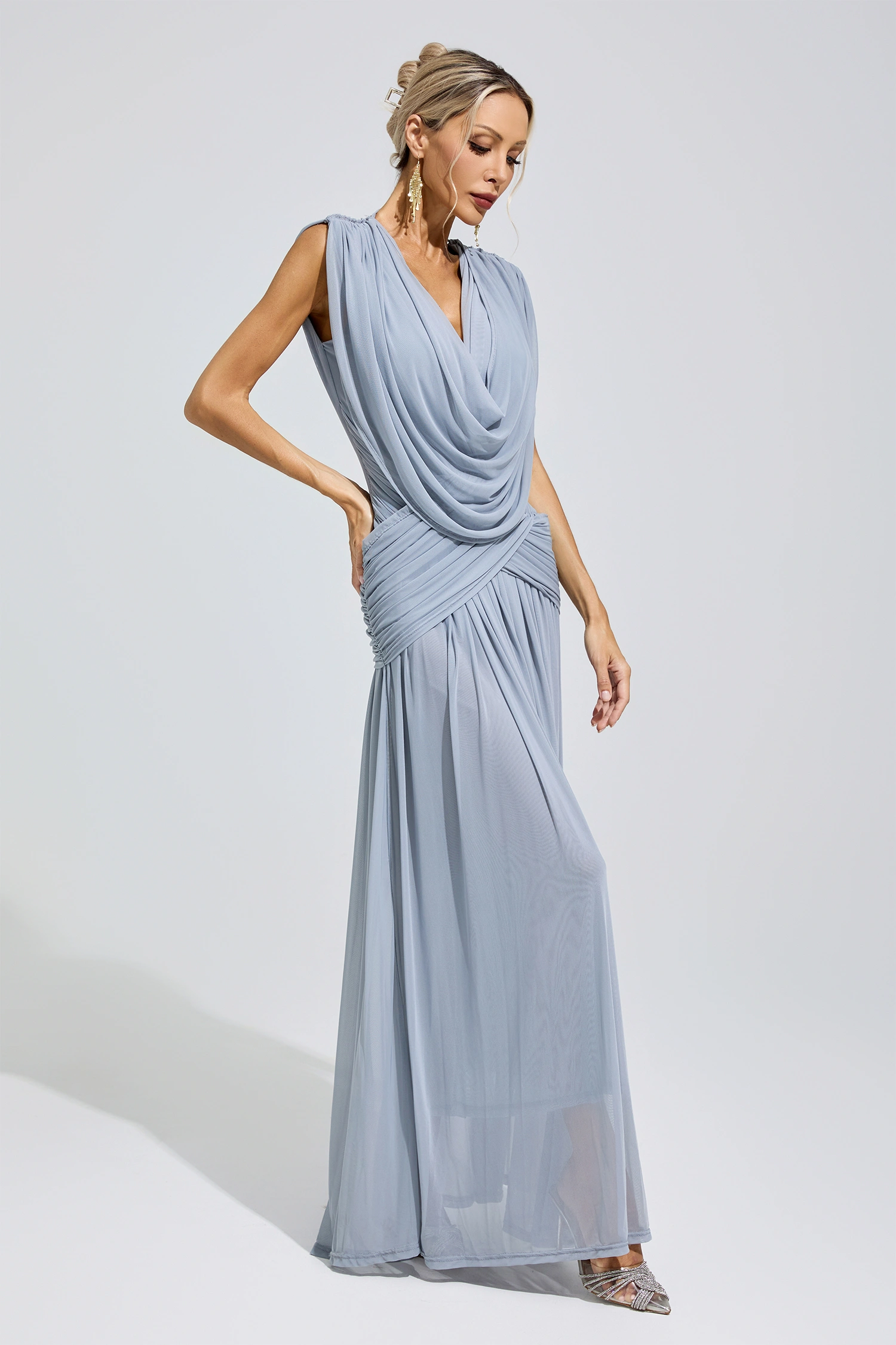 Lamar Blue Pleated Knit Maxi Dress