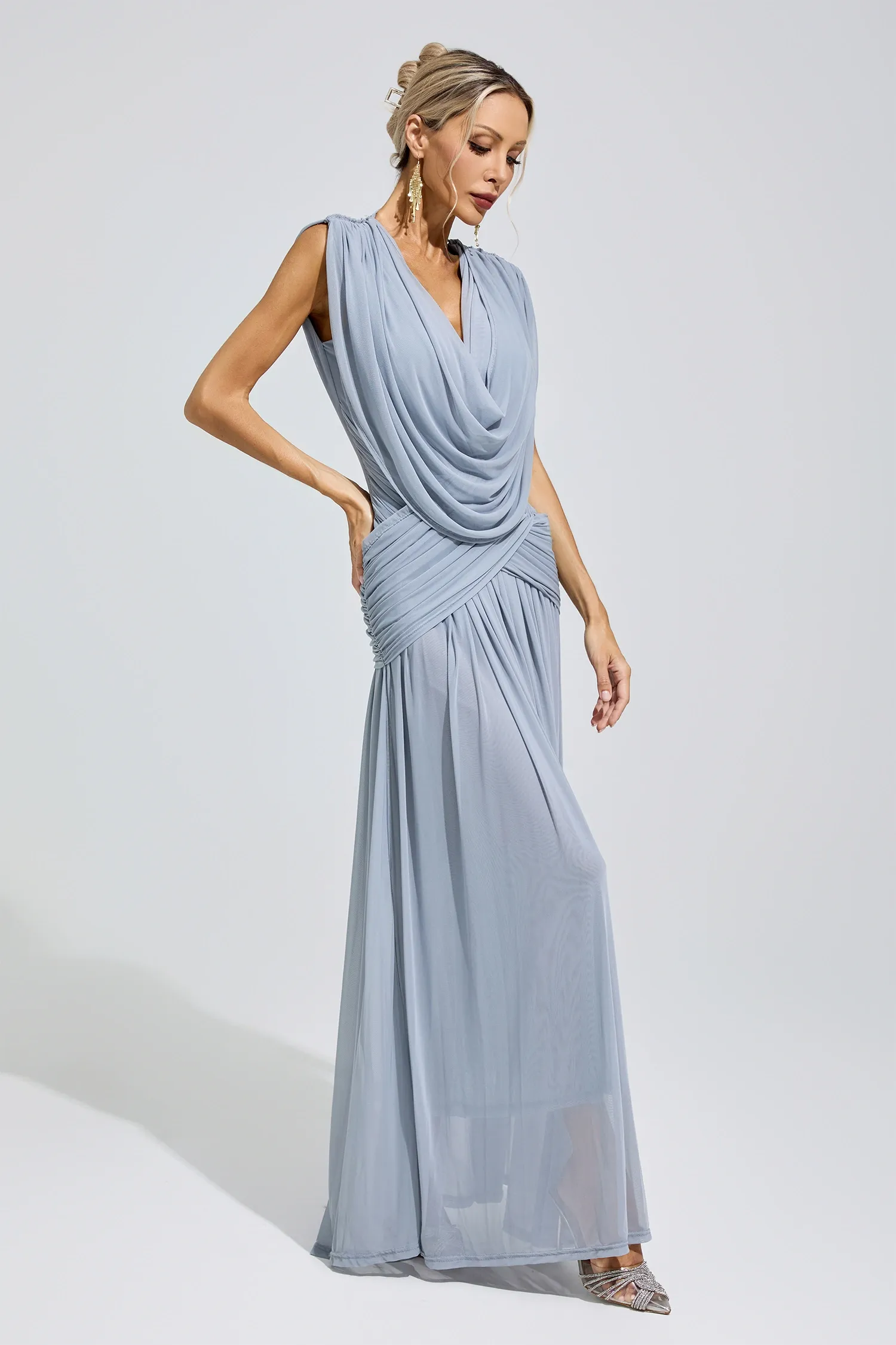 Lamar Blue Pleated Knit Maxi Dress