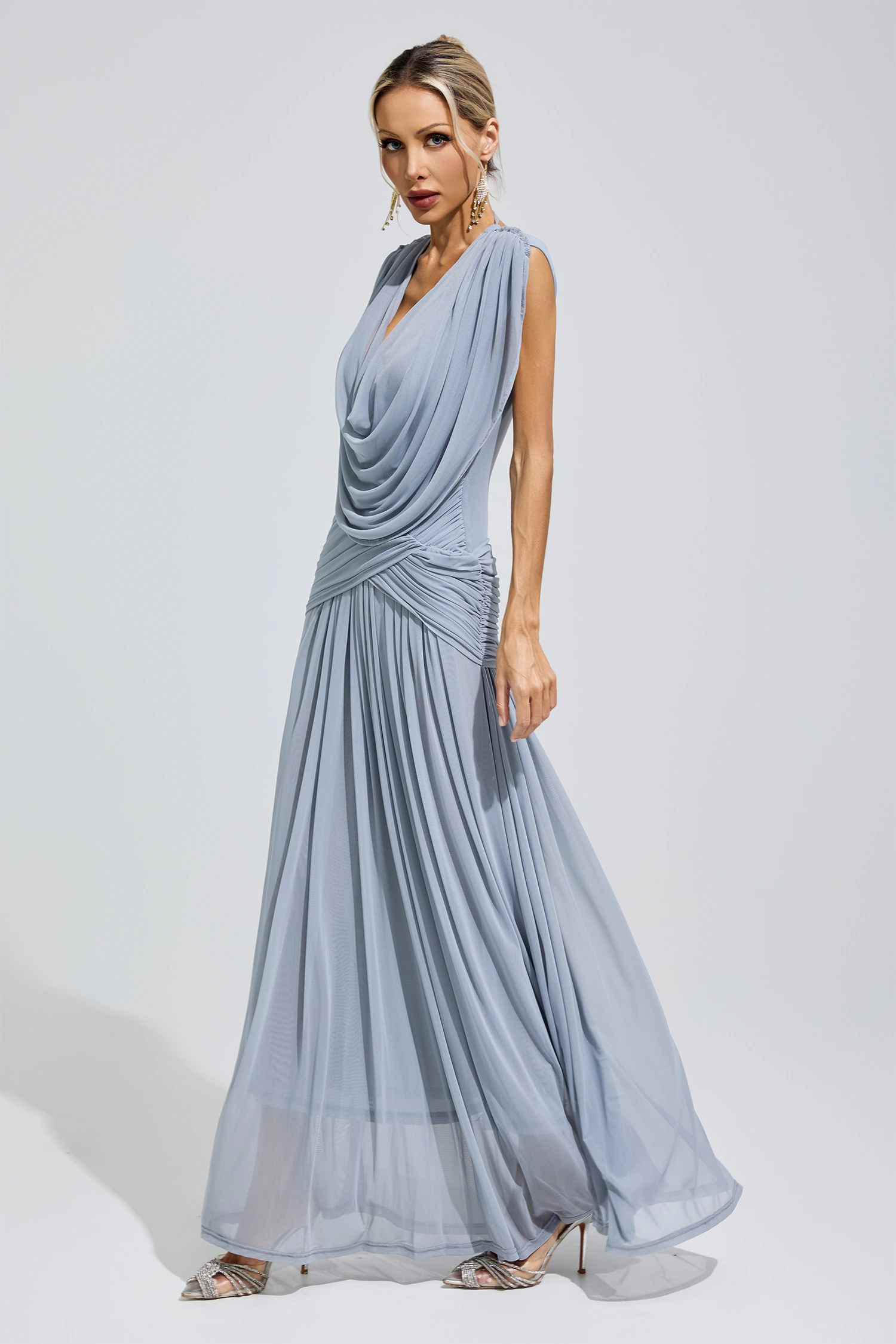 Lamar Blue Pleated Knit Maxi Dress