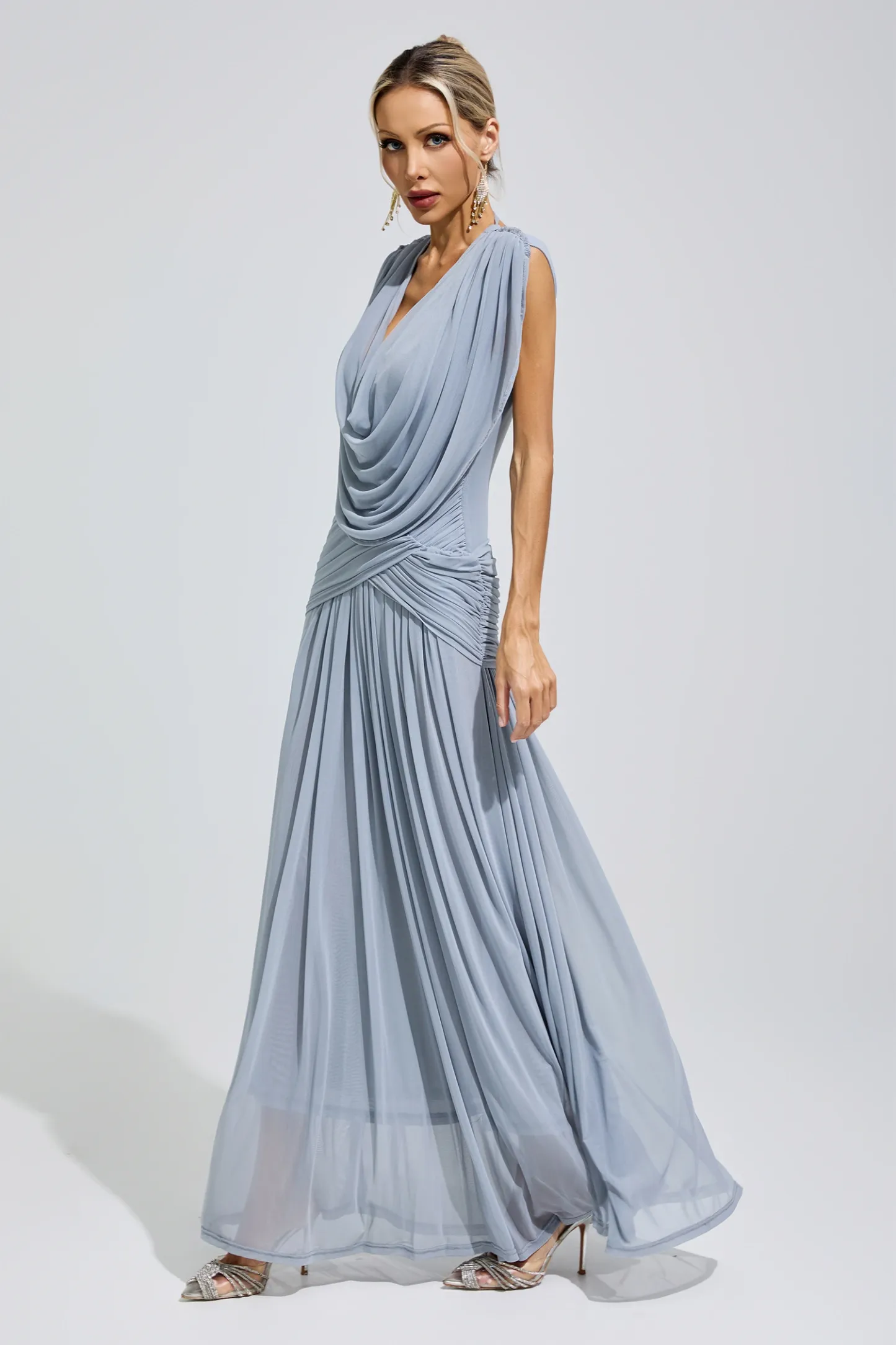 Lamar Blue Pleated Knit Maxi Dress