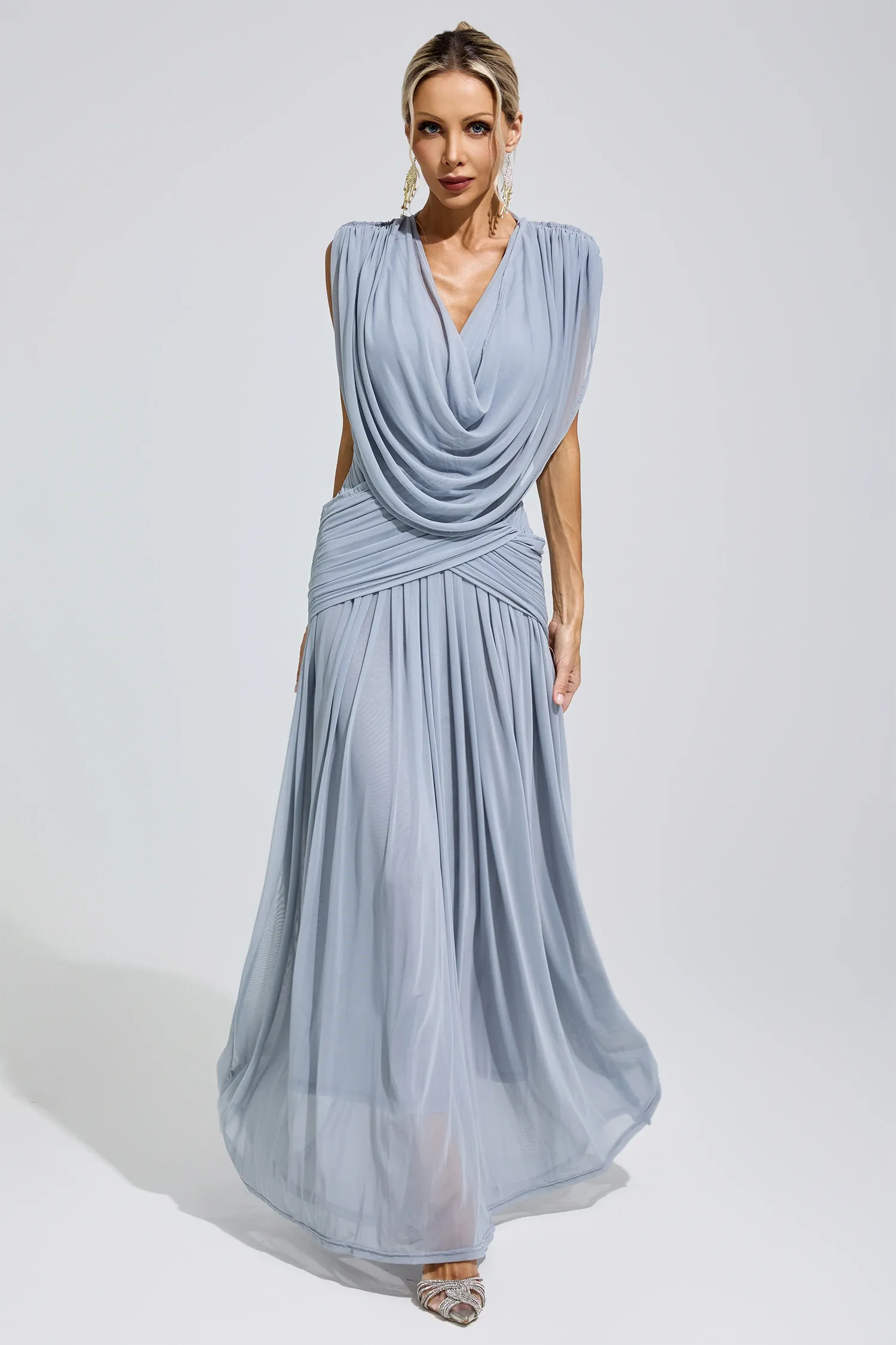 Lamar Blue Pleated Knit Maxi Dress