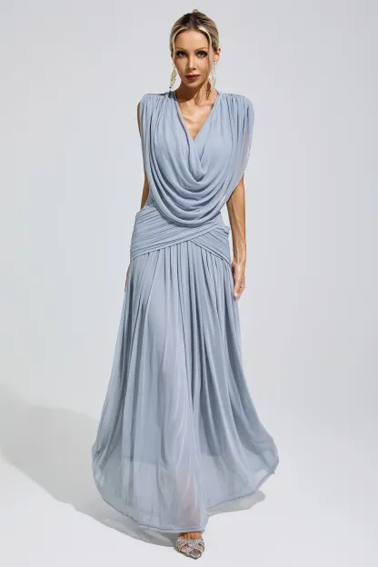 Lamar Blue Pleated Knit Maxi Dress