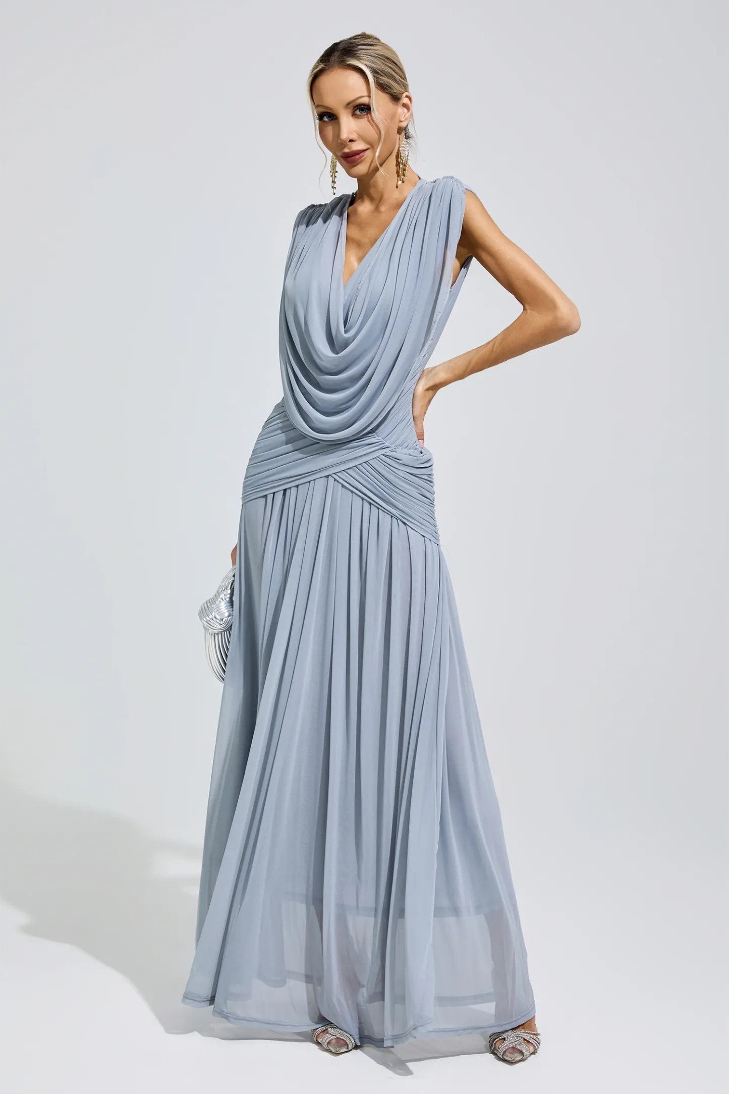 Lamar Blue Pleated Knit Maxi Dress