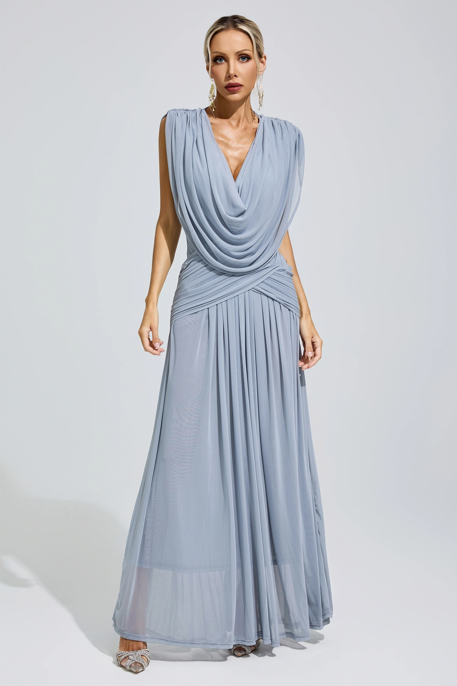 Lamar Blue Pleated Knit Maxi Dress