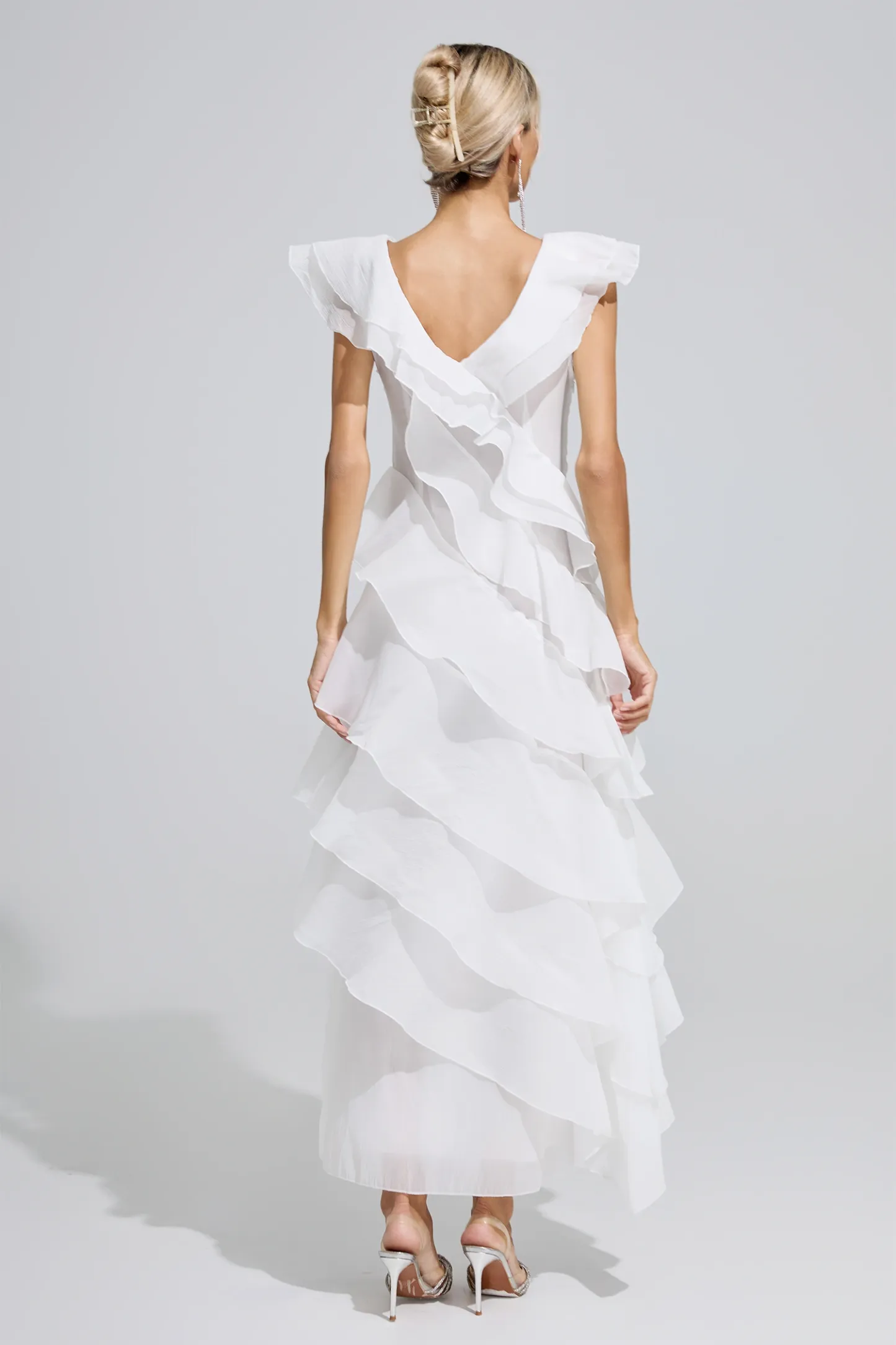 Shannon White Ruffle Trim Midi Dress