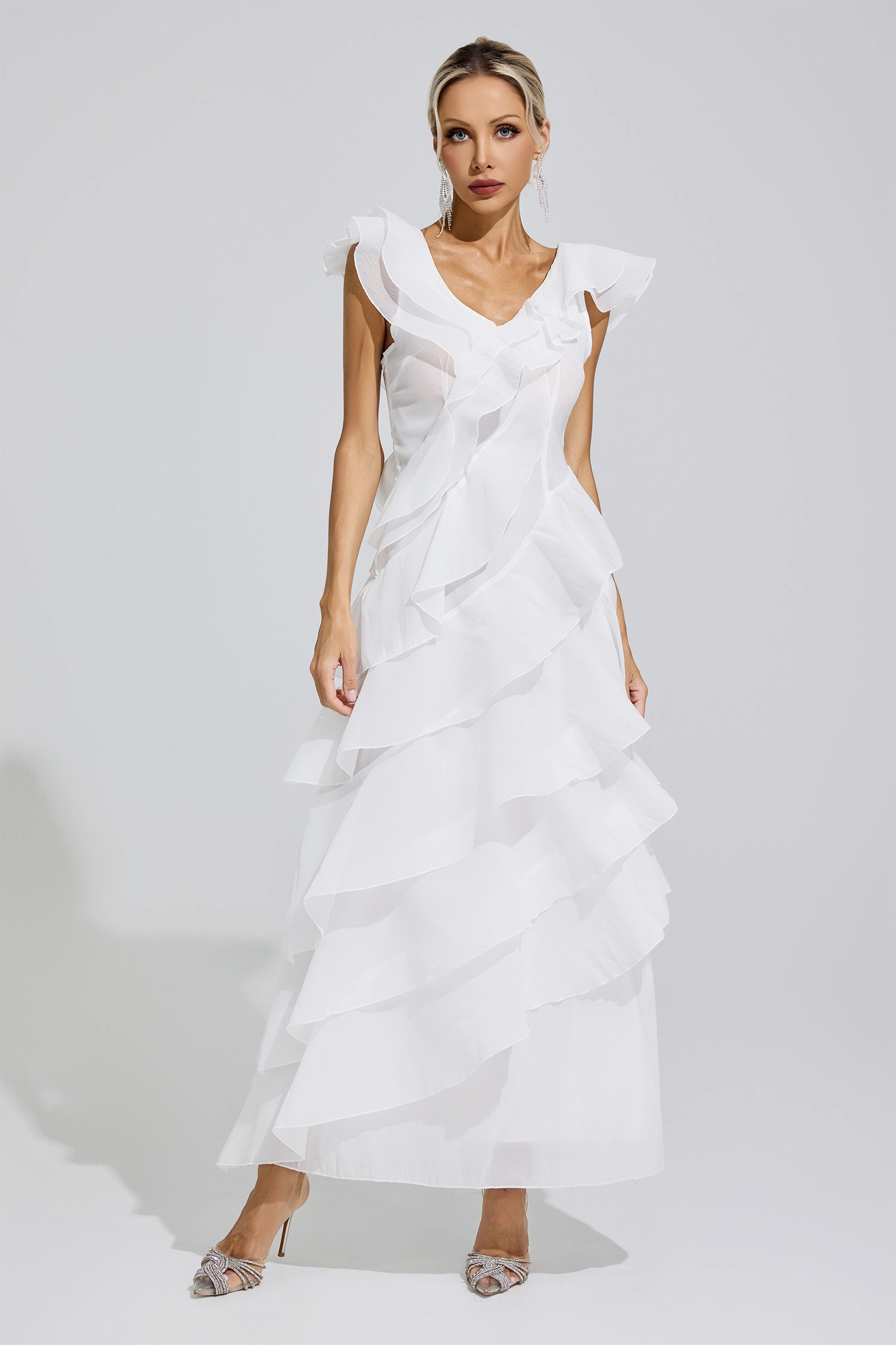 Shannon White Ruffle Trim Midi Dress