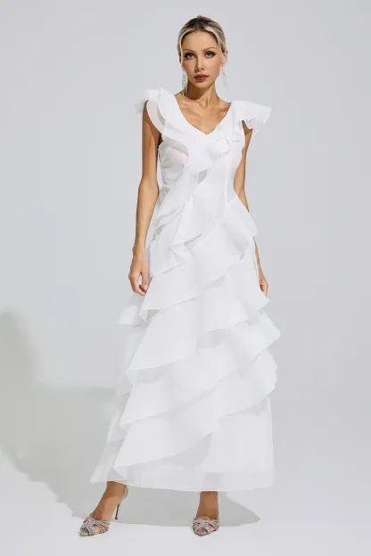 Shannon White Ruffle Trim Midi Dress