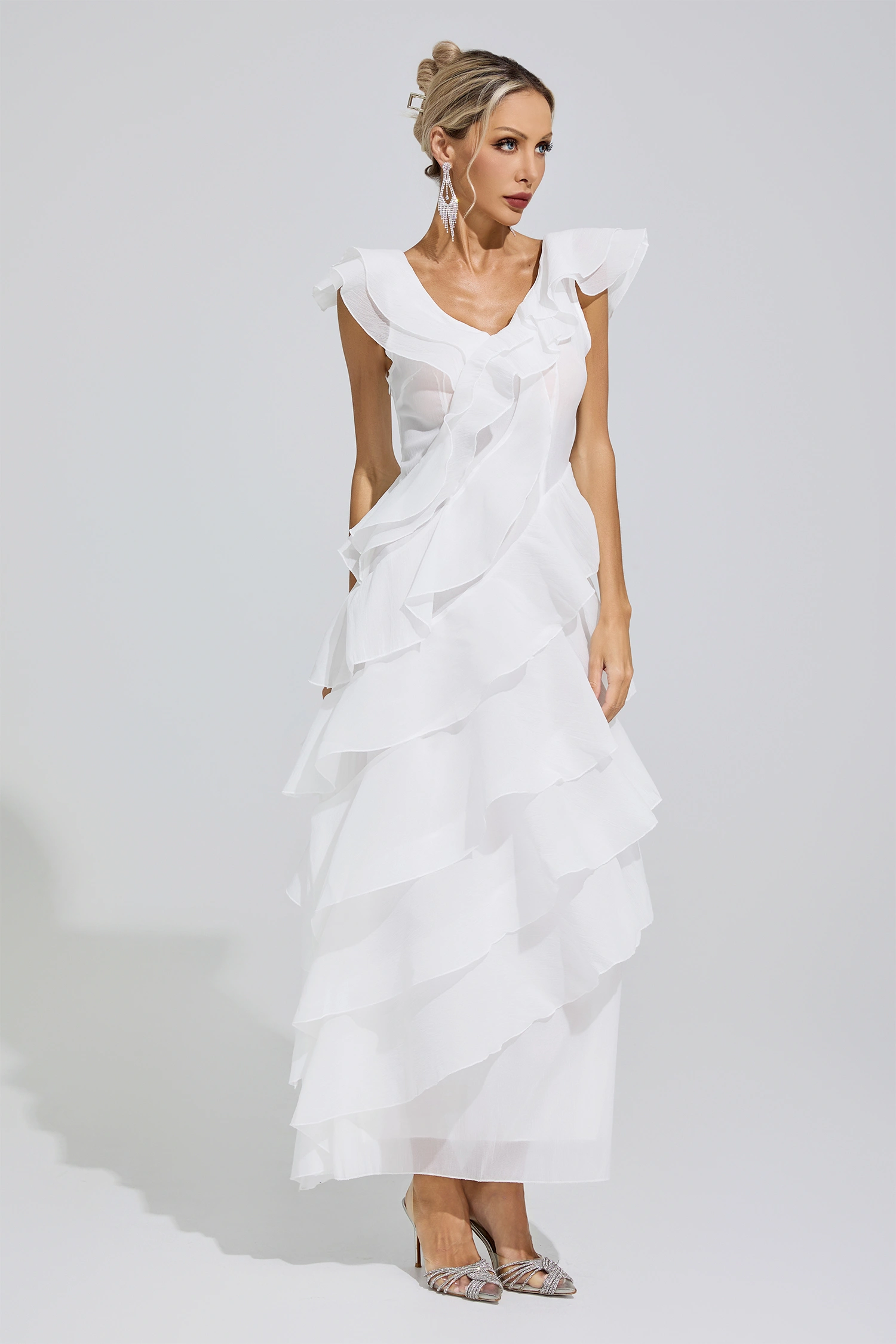 Shannon White Ruffle Trim Midi Dress