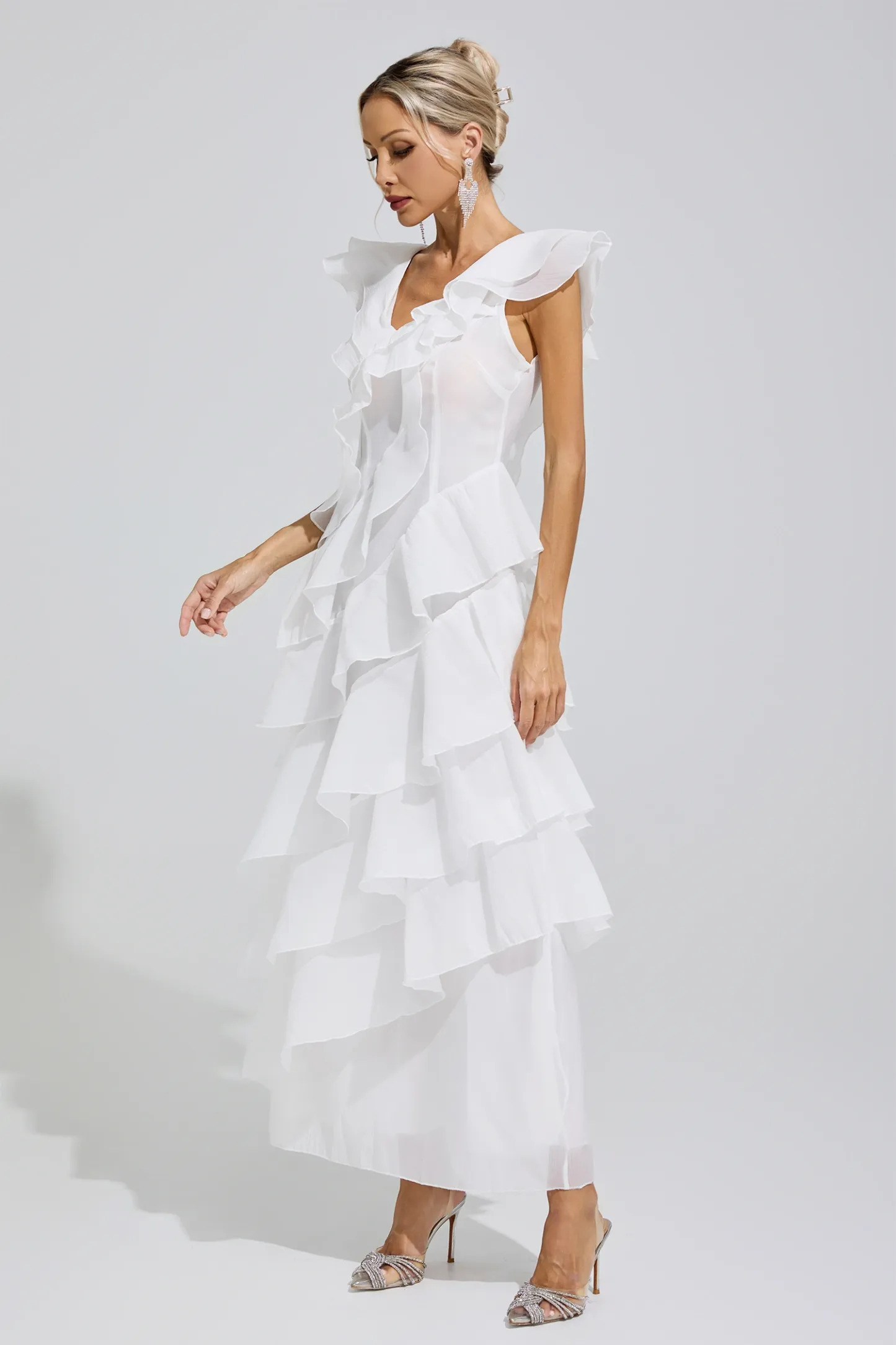 Shannon White Ruffle Trim Midi Dress
