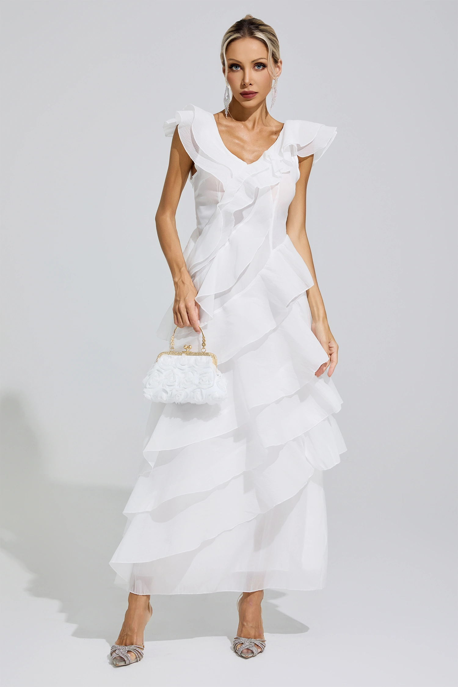 Shannon White Ruffle Trim Midi Dress