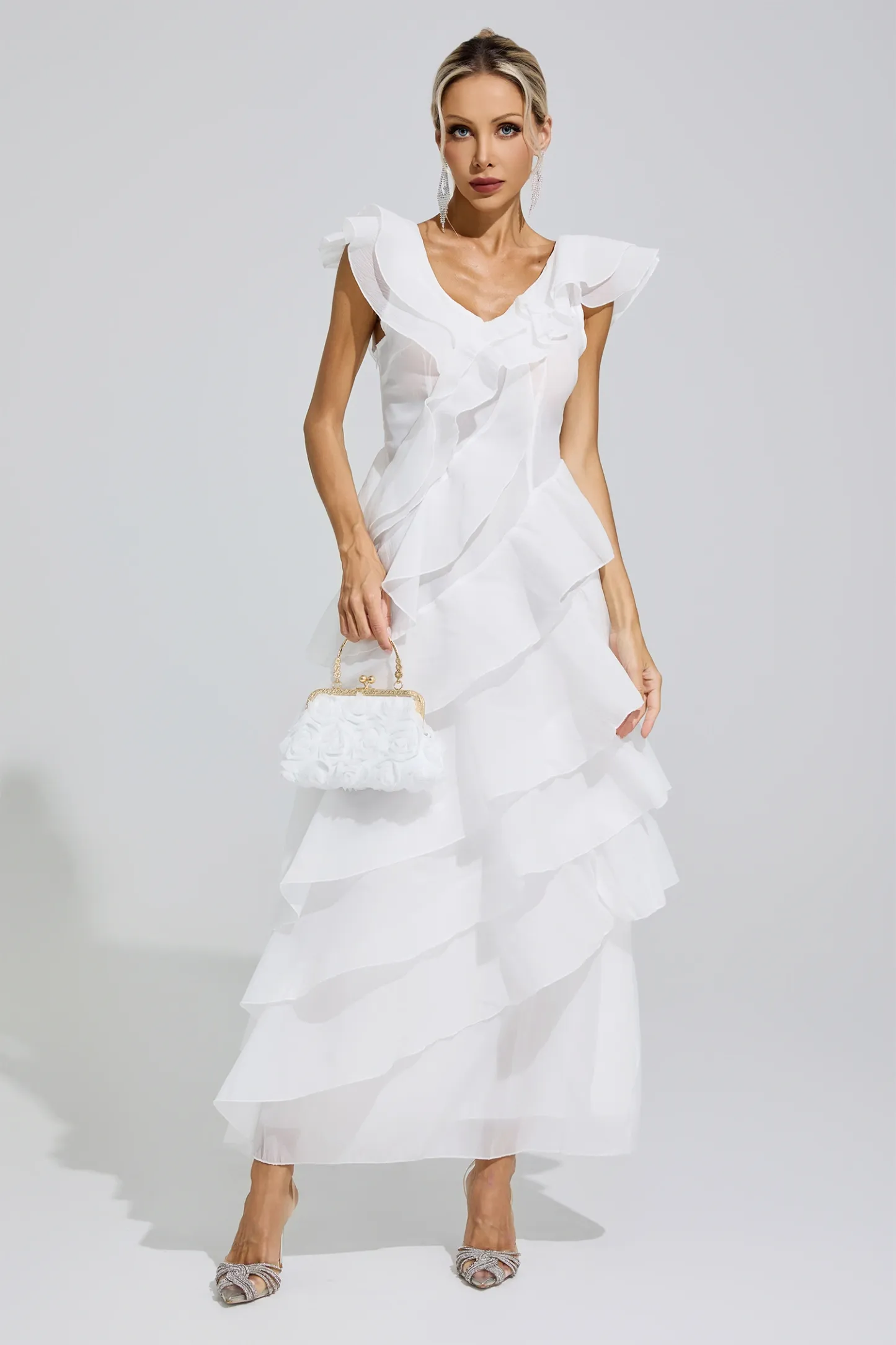 Shannon White Ruffle Trim Midi Dress