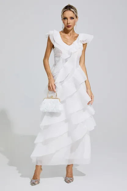 Shannon White Ruffle Trim Midi Dress